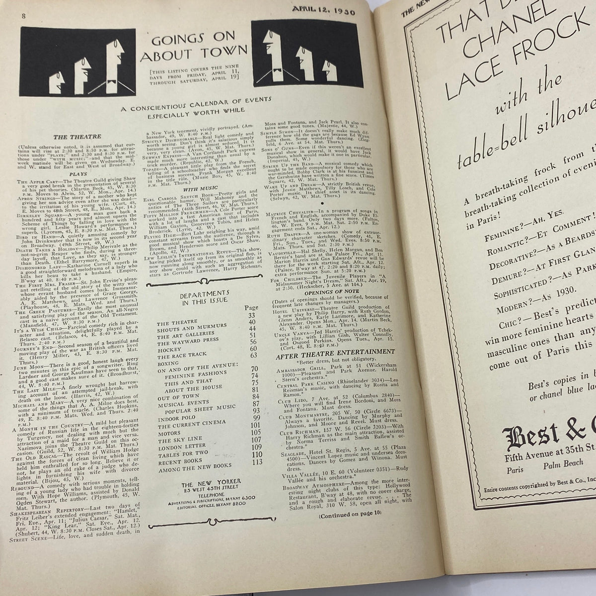 Interior pages of The New Yorker Complete Magazine from April 12, 1930, featuring the 'Goings On About Town' section and advertisements, highlighting cultural events and entertainment of the era.