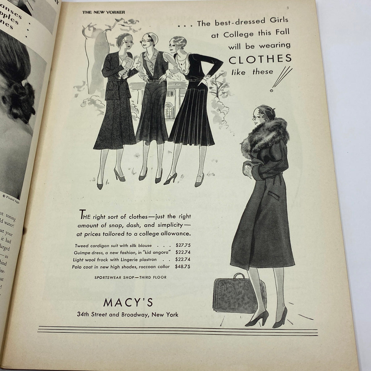Fashion advertisement from The New Yorker Complete Magazine September 6, 1930, showcasing styles for college girls, highlighting dresses and accessories of the period.