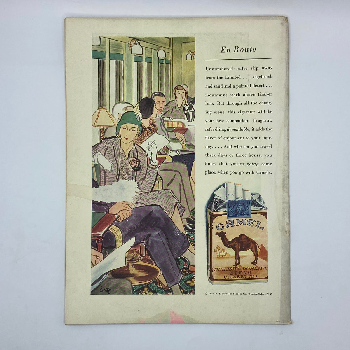 Illustrated back cover of The New Yorker Complete Magazine from September 6, 1930, displaying a travel-themed advertisement for Camel cigarettes, featuring elegantly dressed passengers.