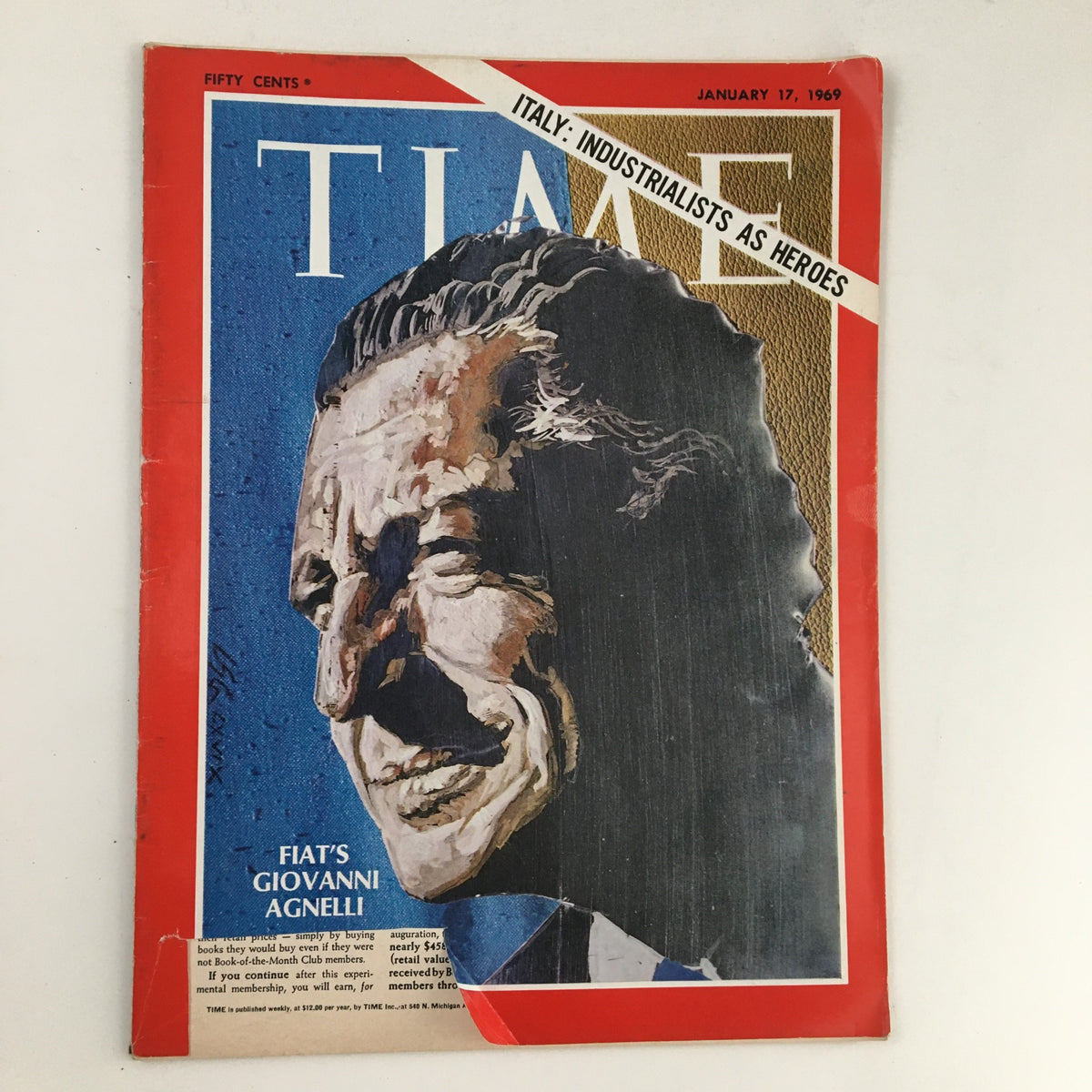 Time Magazine January 17, 1969, Vol. 93 No. 3 featuring a cover portrait of Gianni Agnelli, head of Fiat, with an artistic depiction highlighting the theme 'Italy: Industrialists as Heroes.'