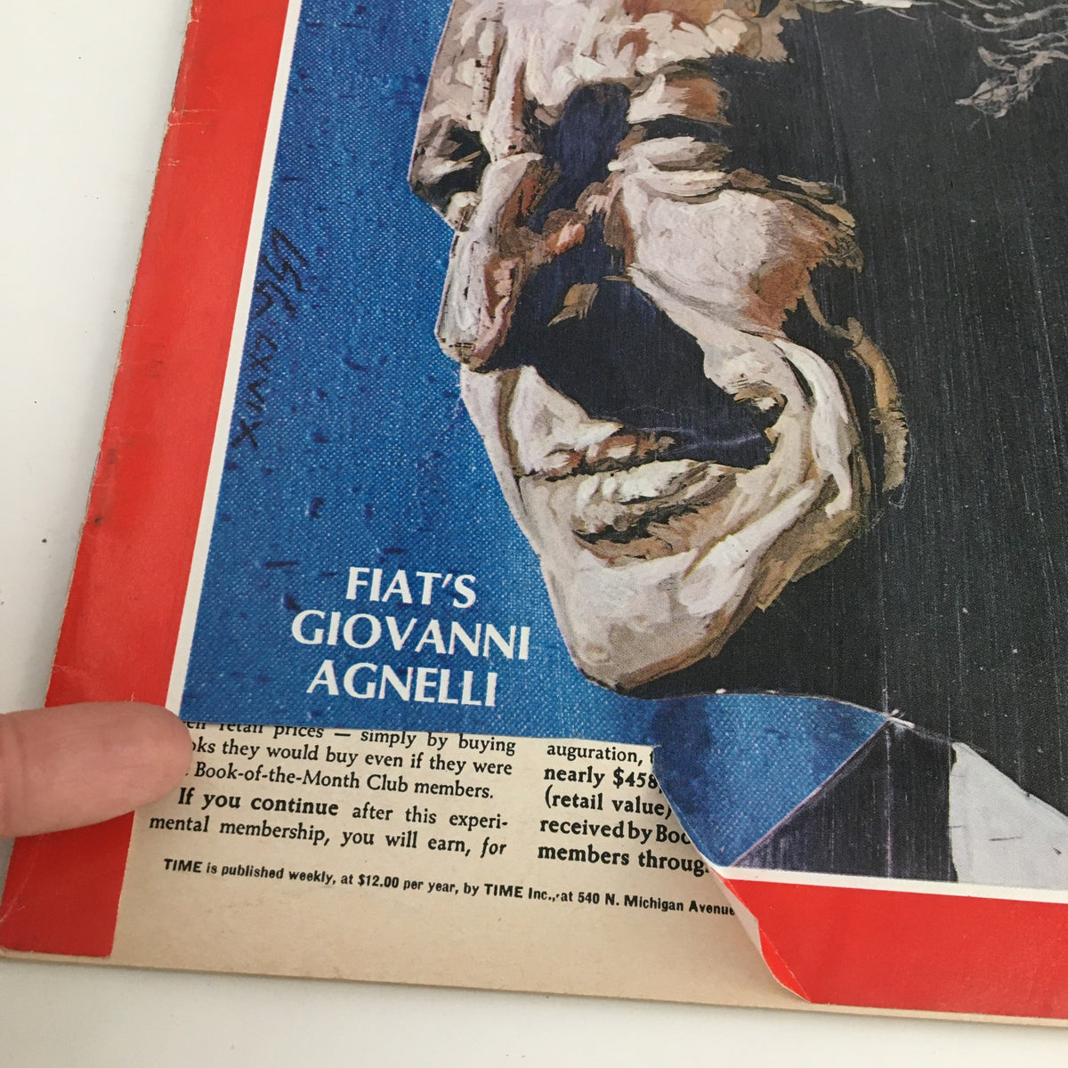 Close-up view of the Time Magazine January 17, 1969, cover, showcasing Gianni Agnelli with the text 'Fiat's Giovanni Agnelli,' emphasizing the magazine's focus on influential Italian industrialists.