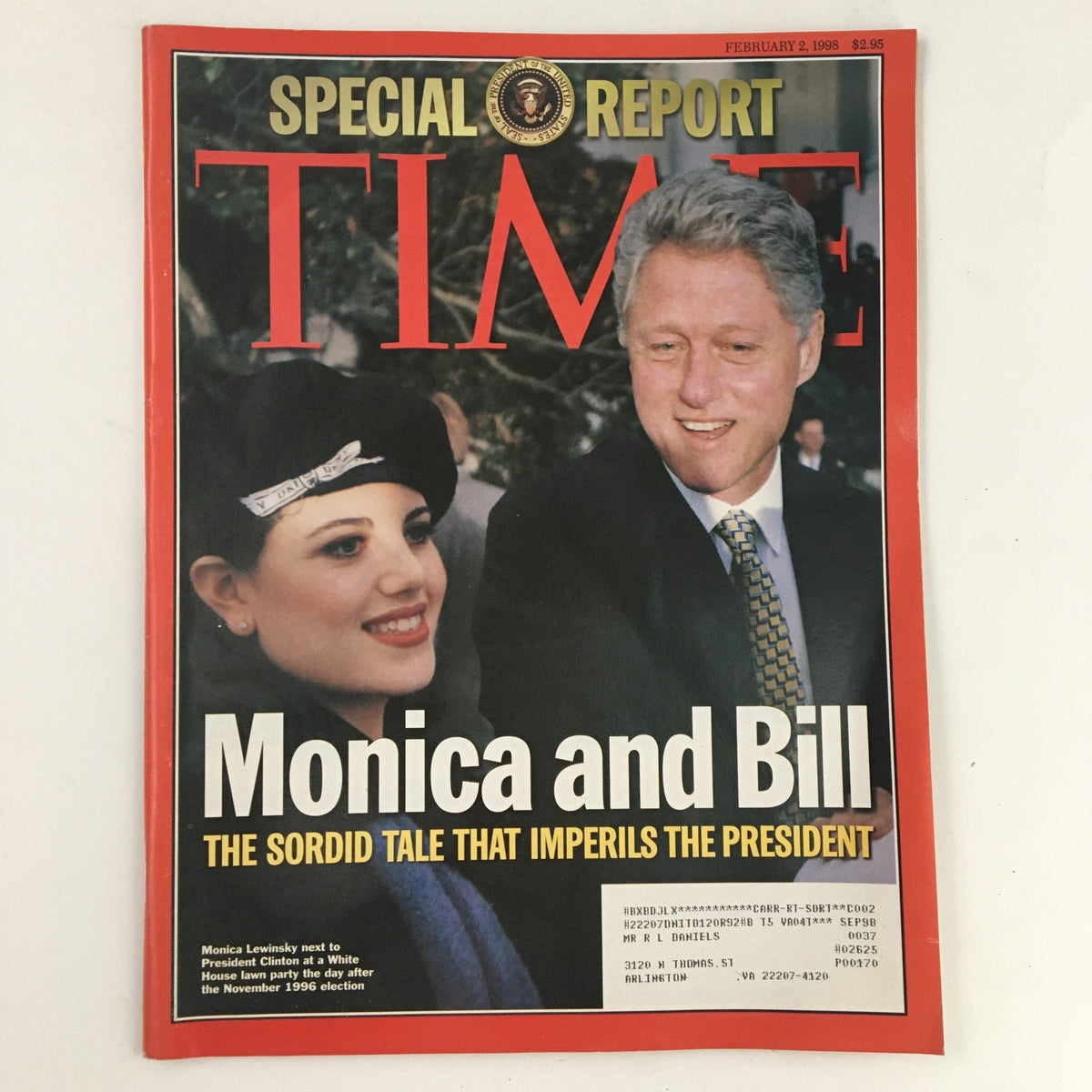 Cover of Time Magazine February 2, 1998 featuring Monica Lewinsky and Bill Clinton, with the headline highlighting the scandal that imperils the president.