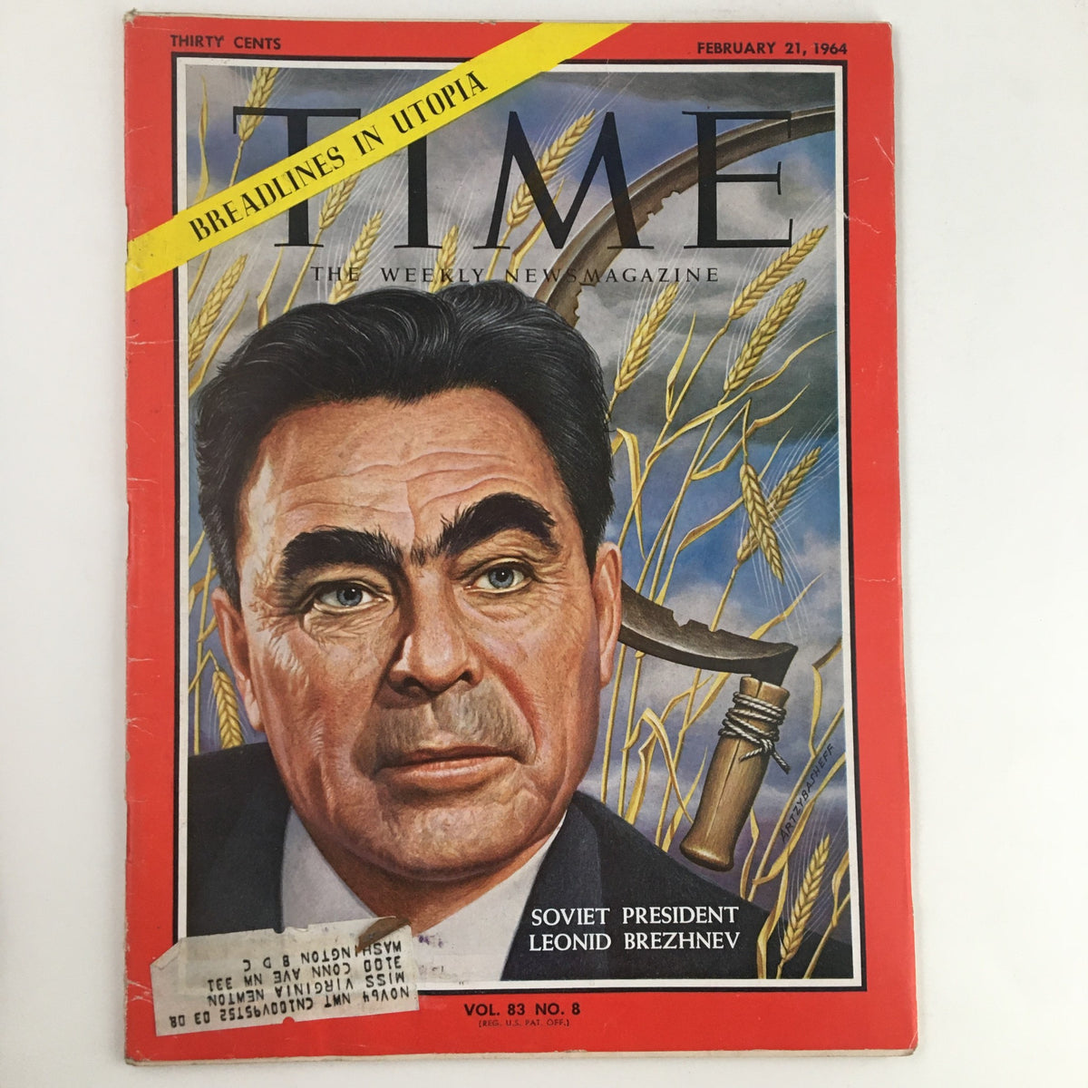 Time Magazine February 21, 1964, Vol. 83 No. 8 featuring Soviet President Leonid Brezhnev on the cover, depicting the political climate of the Cold War era with wheat and a symbolic scythe in the background.