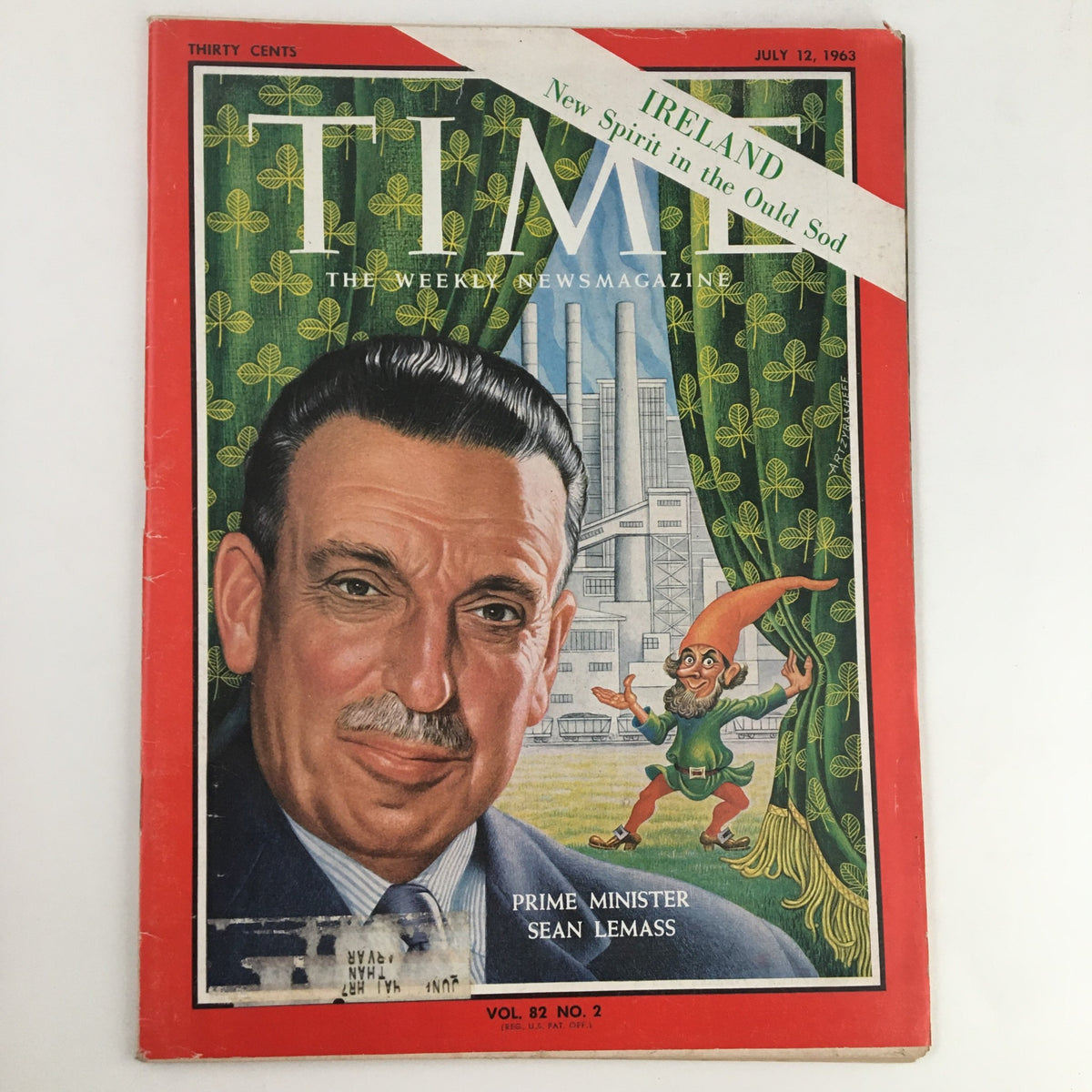 Cover of Time Magazine from July 12, 1963, Vol. 82 No. 2 featuring Prime Minister Sean Lemass, showcasing a historical depiction of Ireland with vibrant colors and imagery.