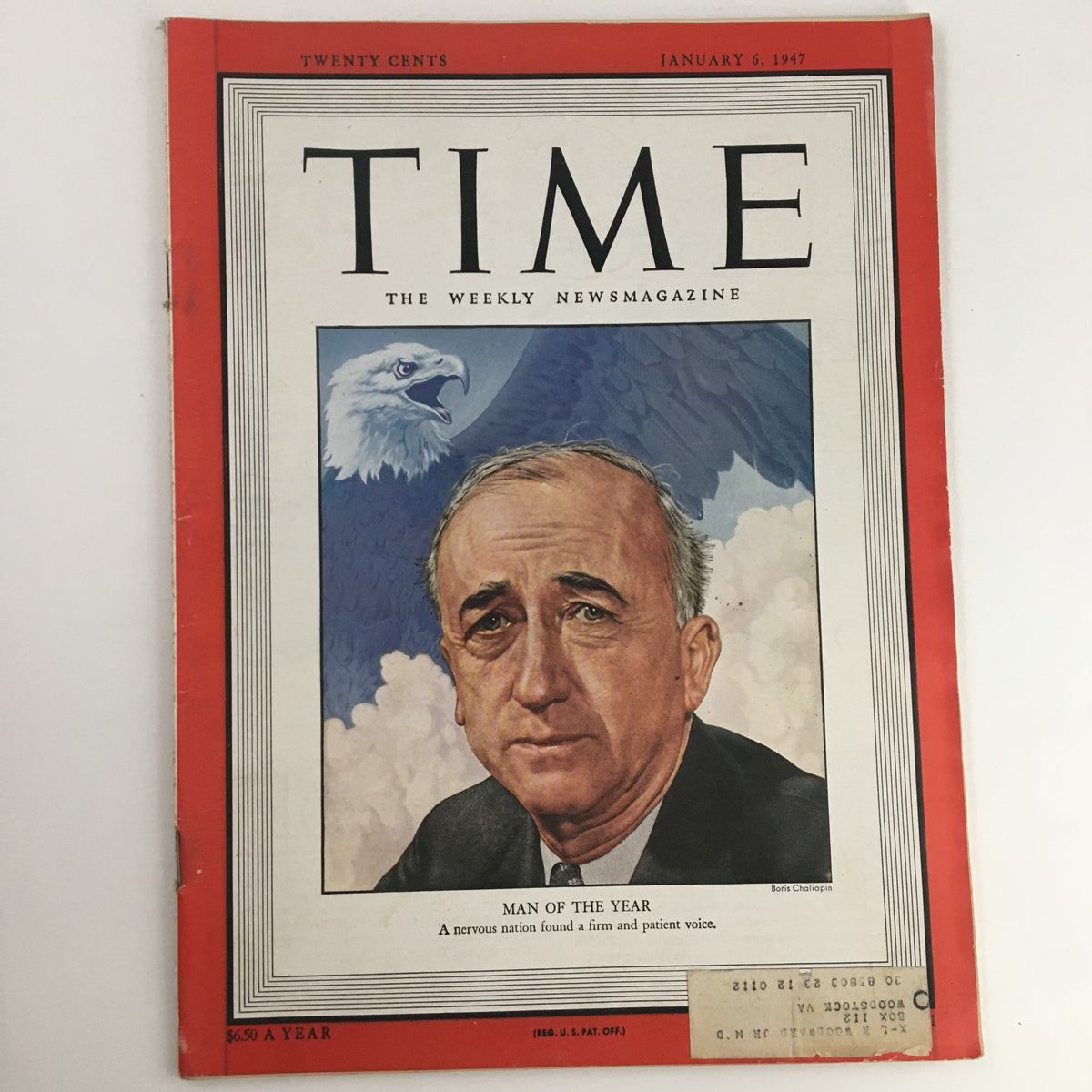 Time Magazine cover from January 6, 1947, Vol. 49 No. 1 featuring James F. Byrnes as 'Man of the Year' with an illustration of Byrnes and an eagle in the background.