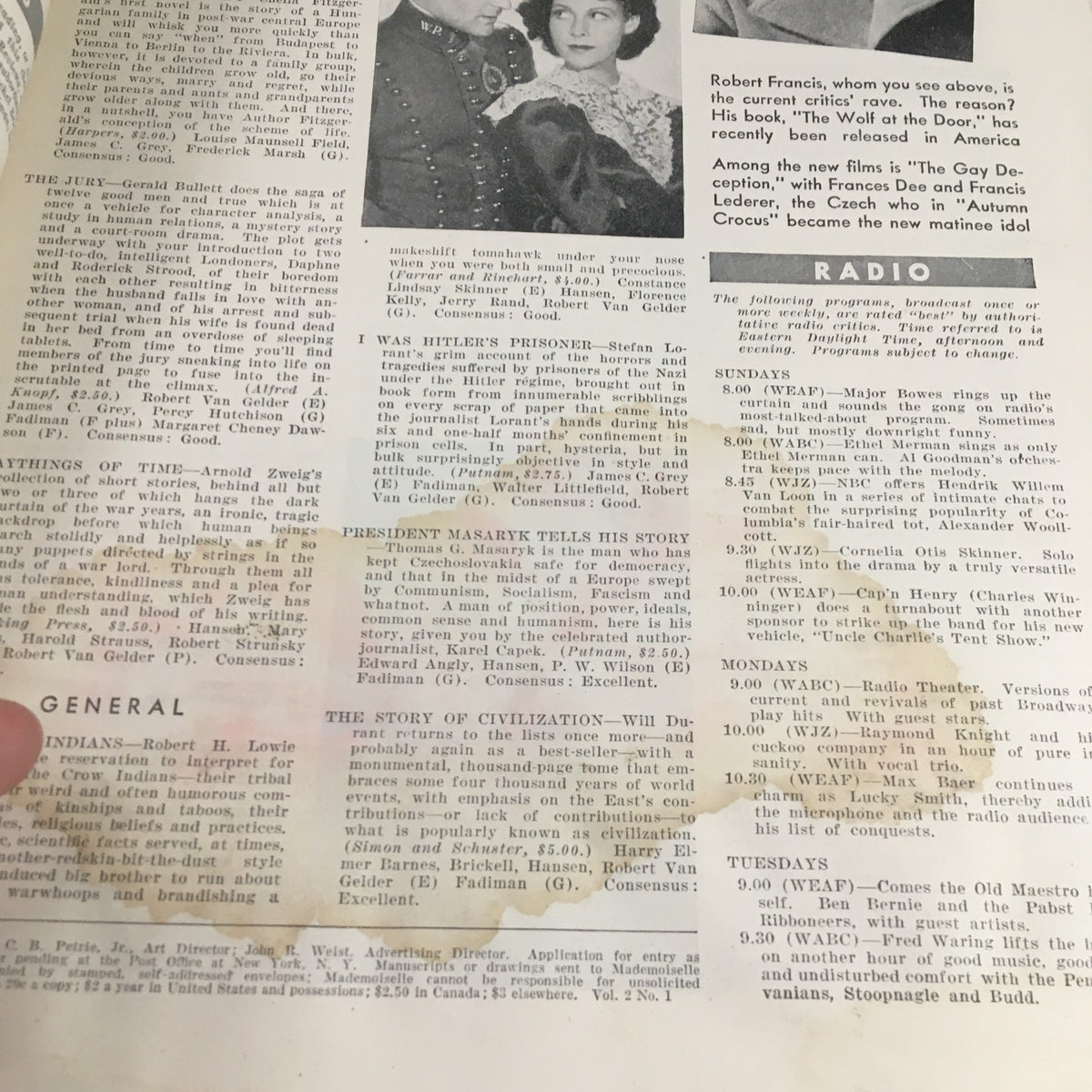Page in Mademoiselle Magazine September 1935 discussing current films and literature, providing a glimpse into the cultural context of the time.