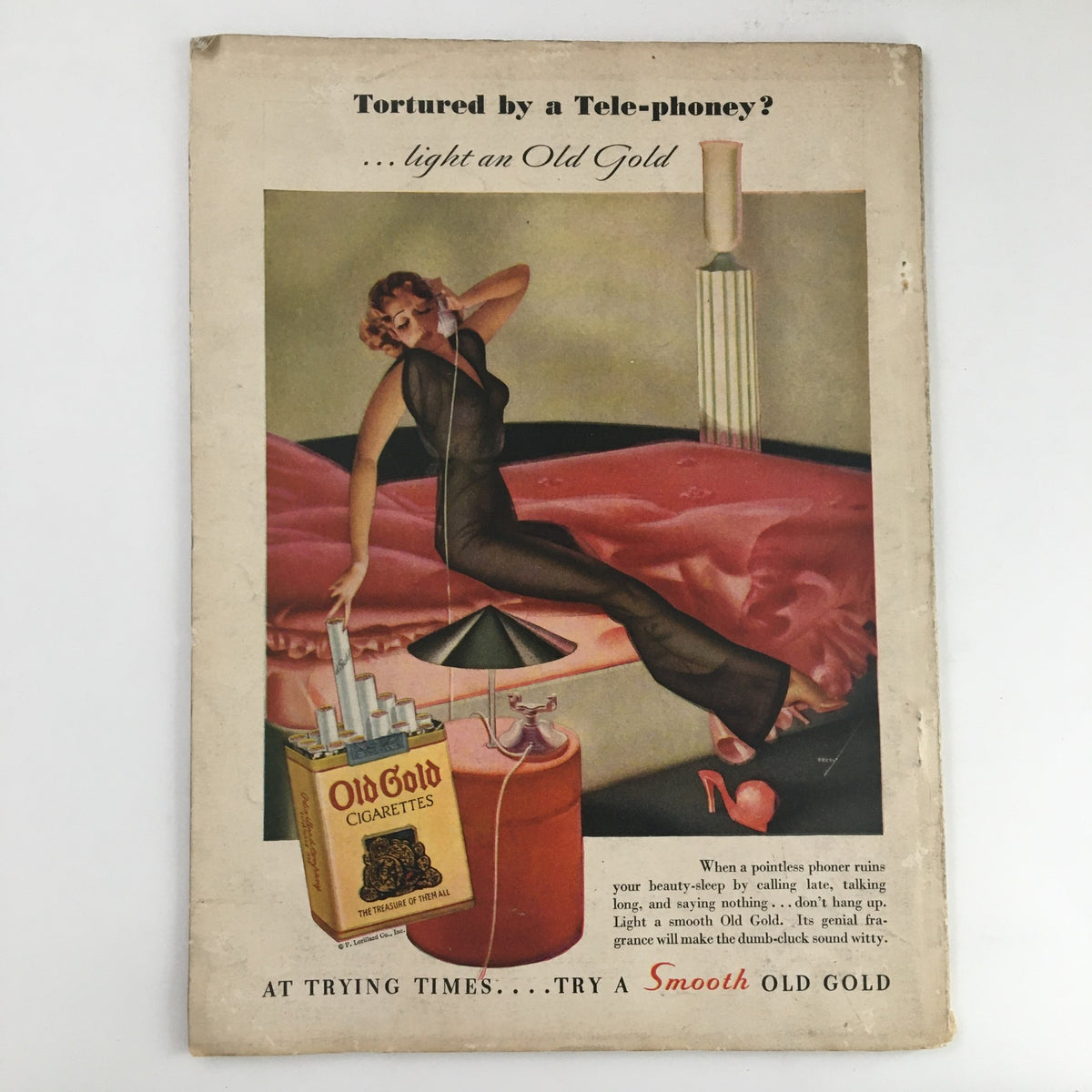 Cover advertisement from Mademoiselle Magazine September 1935 promoting Old Gold cigarettes with a stylish woman talking on the phone.