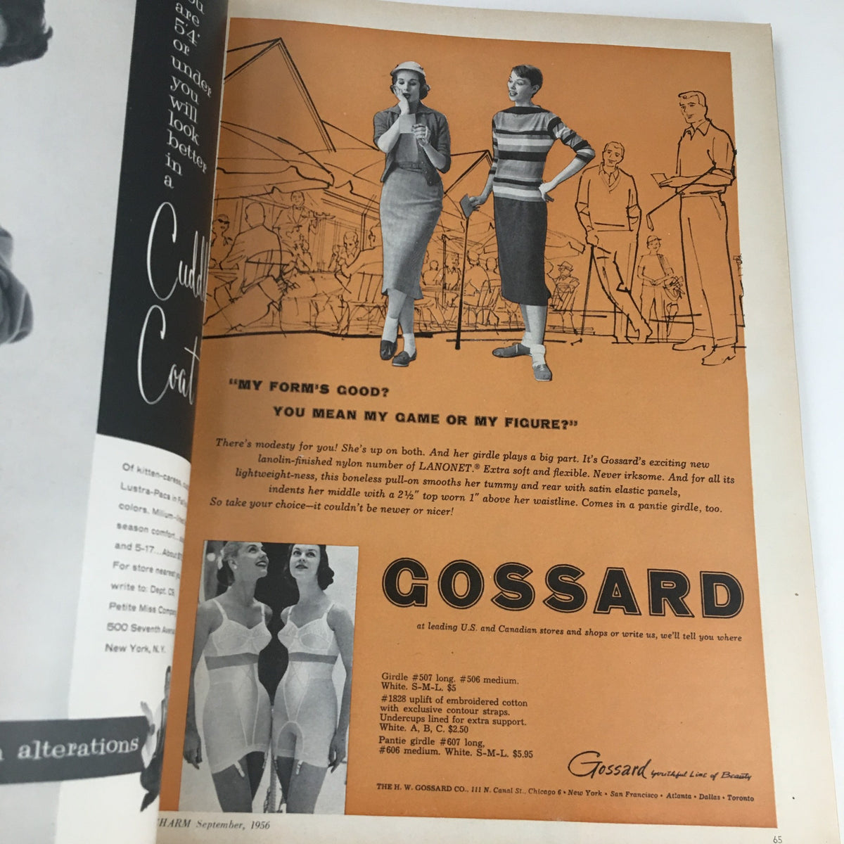 Advertisement page in Charm Magazine September 1956, featuring women's fashion and girdle options with a playful tagline.