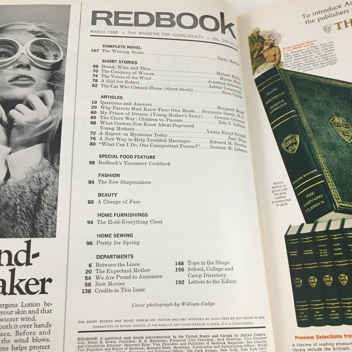 Interior pages of Redbook Magazine March 1968, featuring articles and content listings in a vintage format, reflecting the magazine's focus on young adults and motherhood.