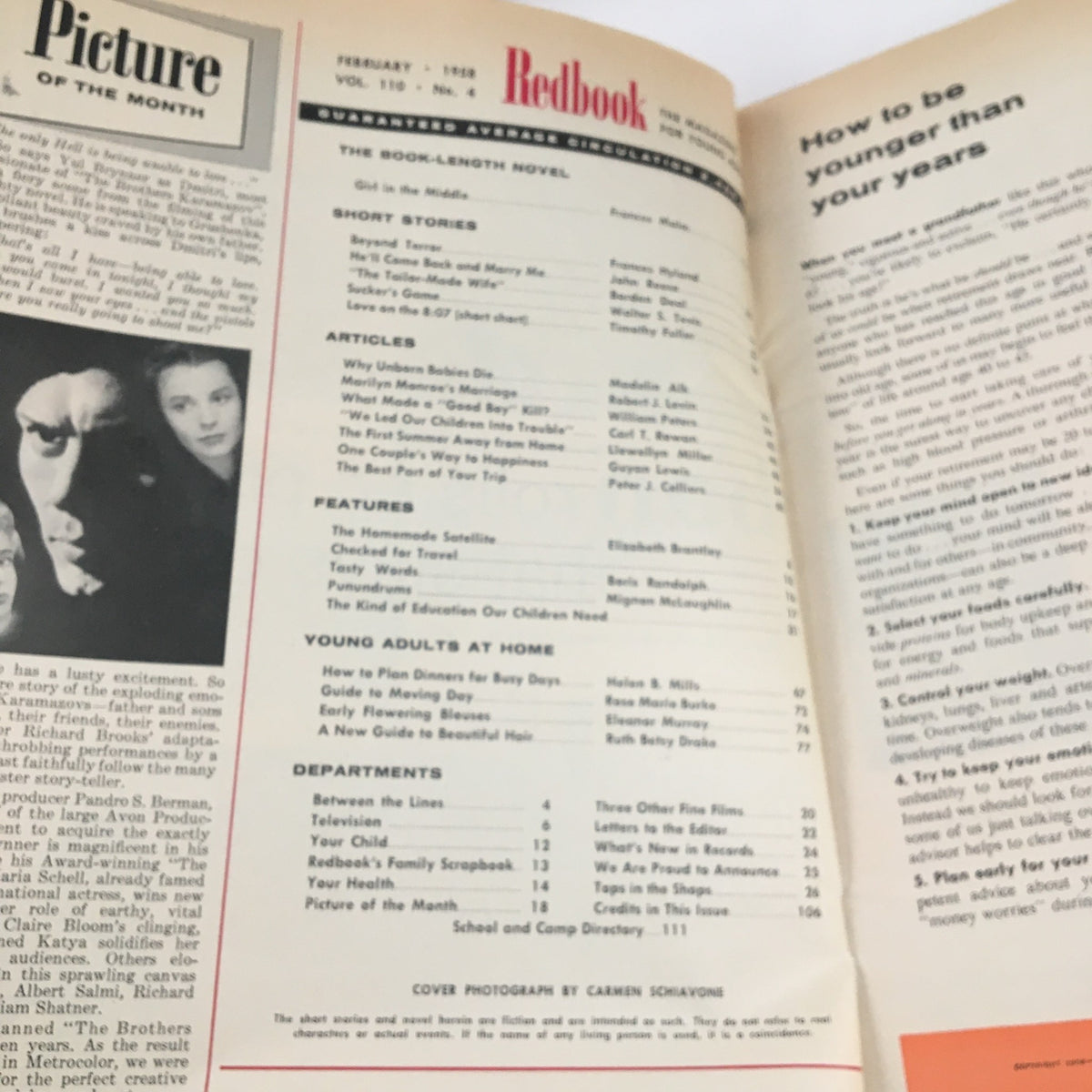 Inside view of Redbook Magazine February 1958 featuring articles and stories including Marilyn Monroe's insights on marriage. Historical magazine content showcasing popular topics of the late 50s.