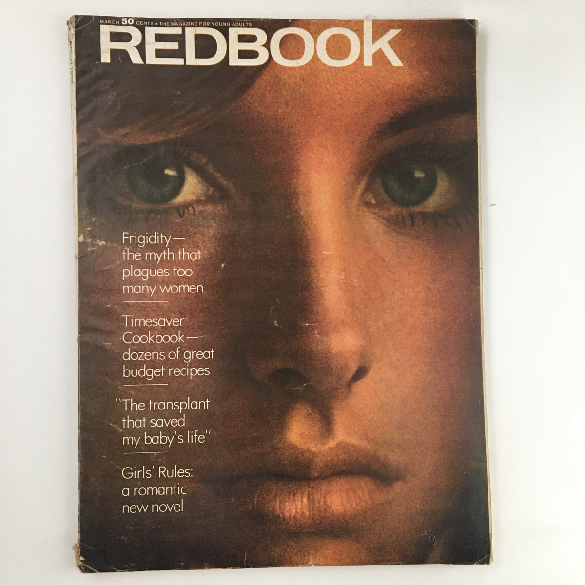 Redbook Magazine March 1969 cover photograph featuring Scotia McRae. The cover showcases a close-up of a woman’s face with striking eyes, capturing the elegance and style of the late 1960s.