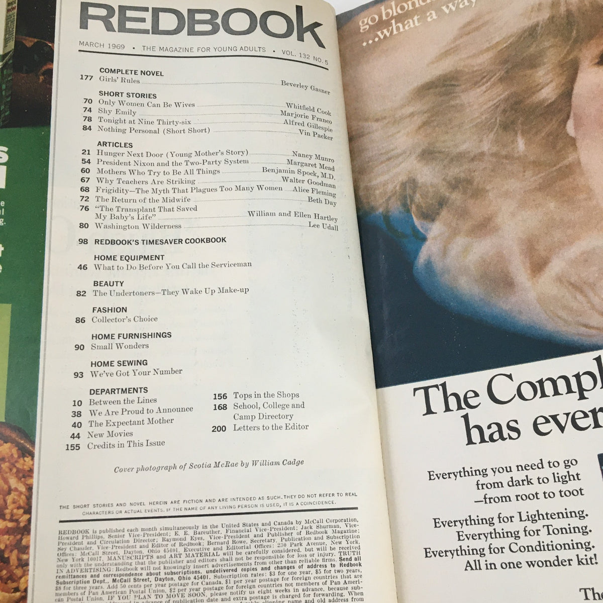 Interior page of Redbook Magazine March 1969 including the table of contents. Features sections on short stories, articles, and advertisements, highlighting the cultural themes of the era.