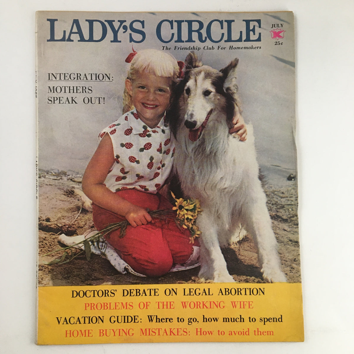 Cover of Lady's Circle Magazine July 1965 featuring a girl with a flower bouquet and a collie dog, discussing topics such as legal abortion debate.