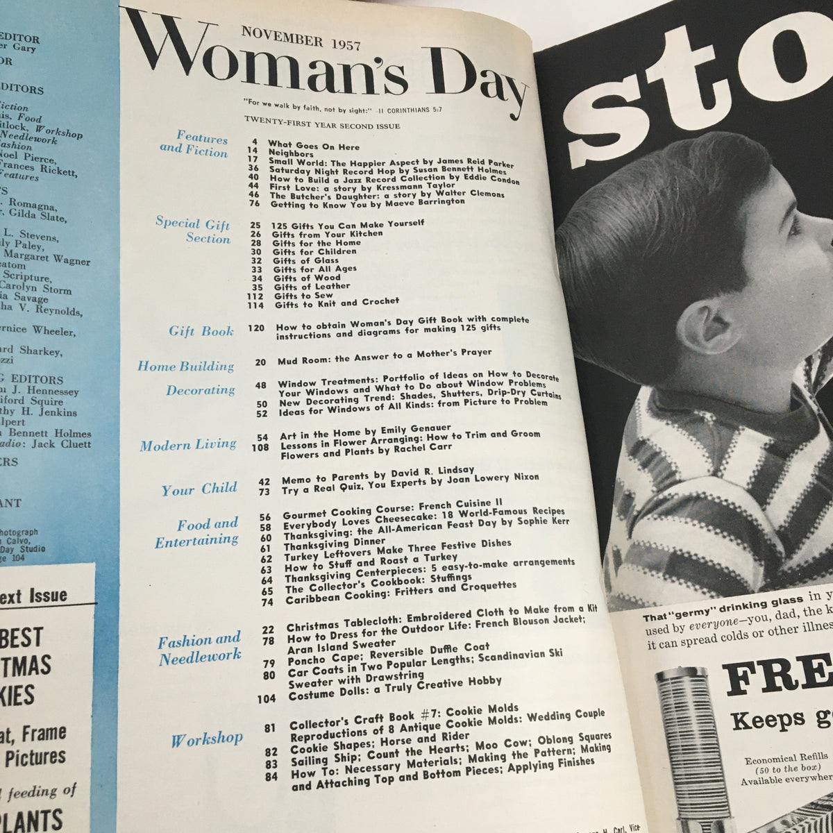 Inside page of Woman's Day Magazine November 1957, displaying the table of contents with various features such as DIY gifts, home building tips, and the section on Costume Dolls, emphasizing creative hobbies.