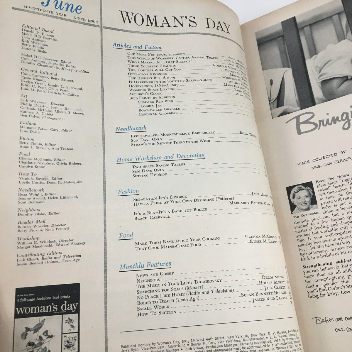 Table of contents from Woman's Day Magazine June 1954, highlighting articles on topics like music, fashion, and food.