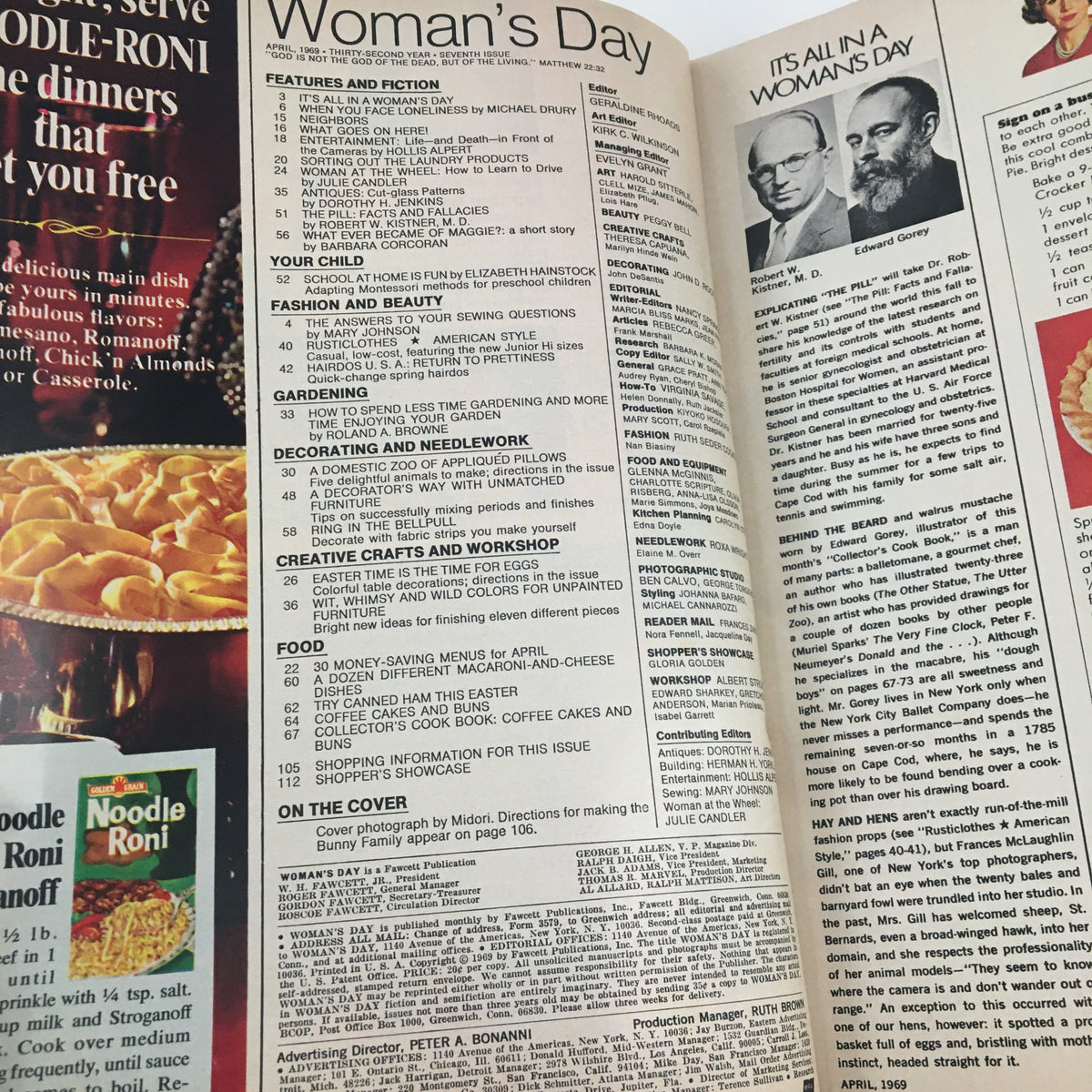 Interior page of Woman's Day Magazine April 1969 displaying table of contents and features including gardening and recipes for Easter fun.