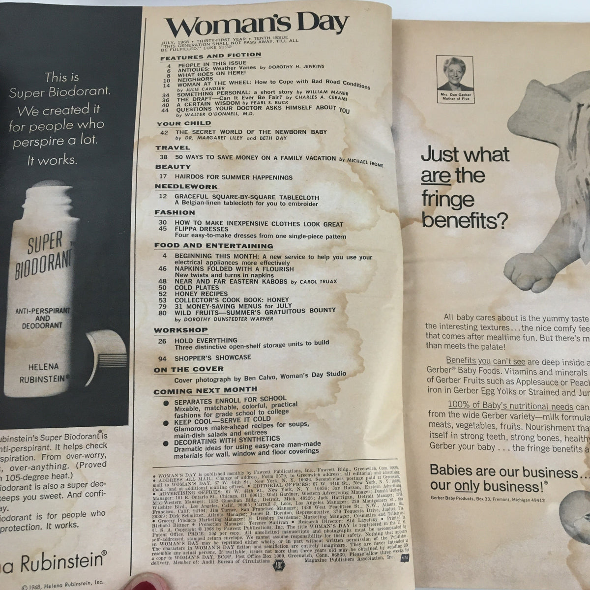 Inside page of July 1968 Woman's Day Magazine featuring table of contents, product advertisements, and topics related to motherhood and family, showcasing vintage design elements.