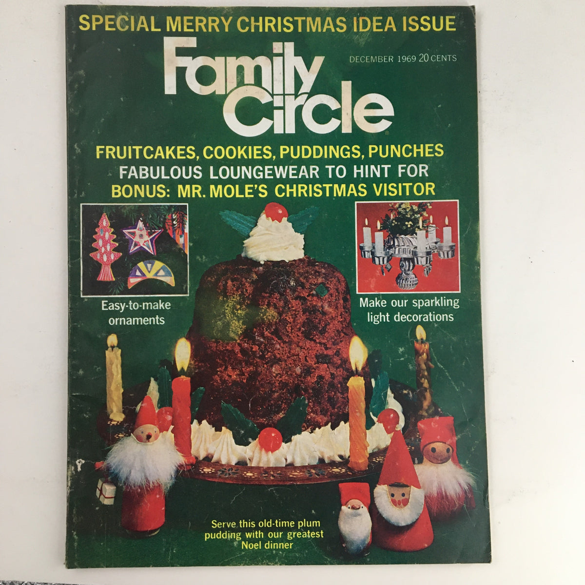 Cover of Family Circle Magazine December 1969 featuring festive decorations and Mr. Mole's Christmas Visitor story, emphasizing holiday treats and traditions.