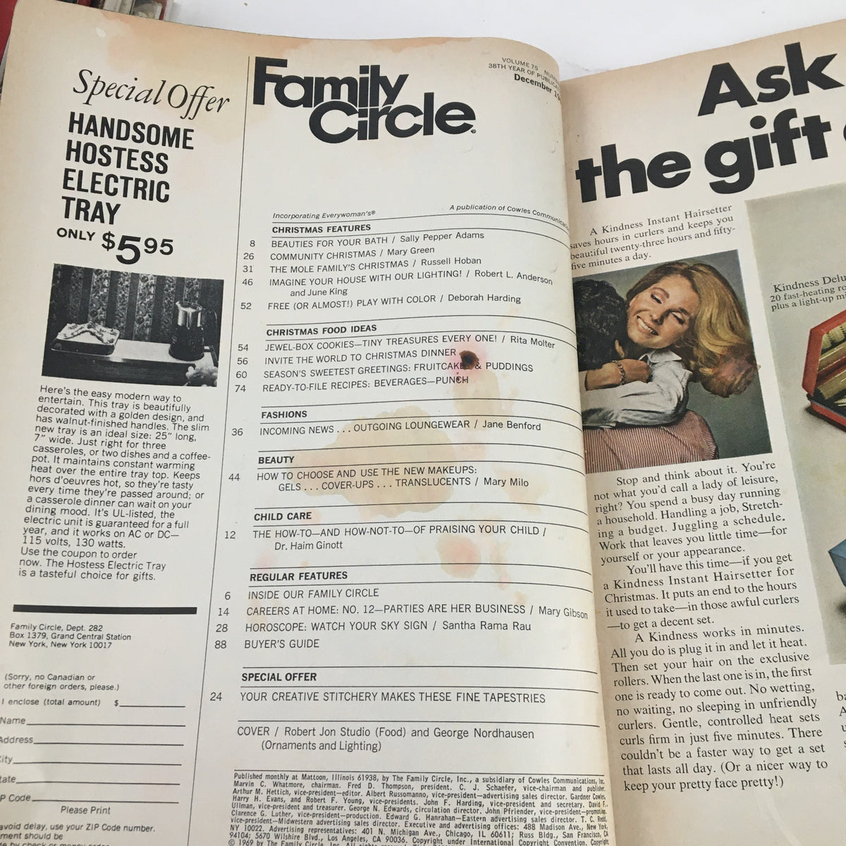 Inside page of Family Circle Magazine December 1969 showcasing the table of contents with Christmas features, food ideas, and beauty tips for the holiday season.