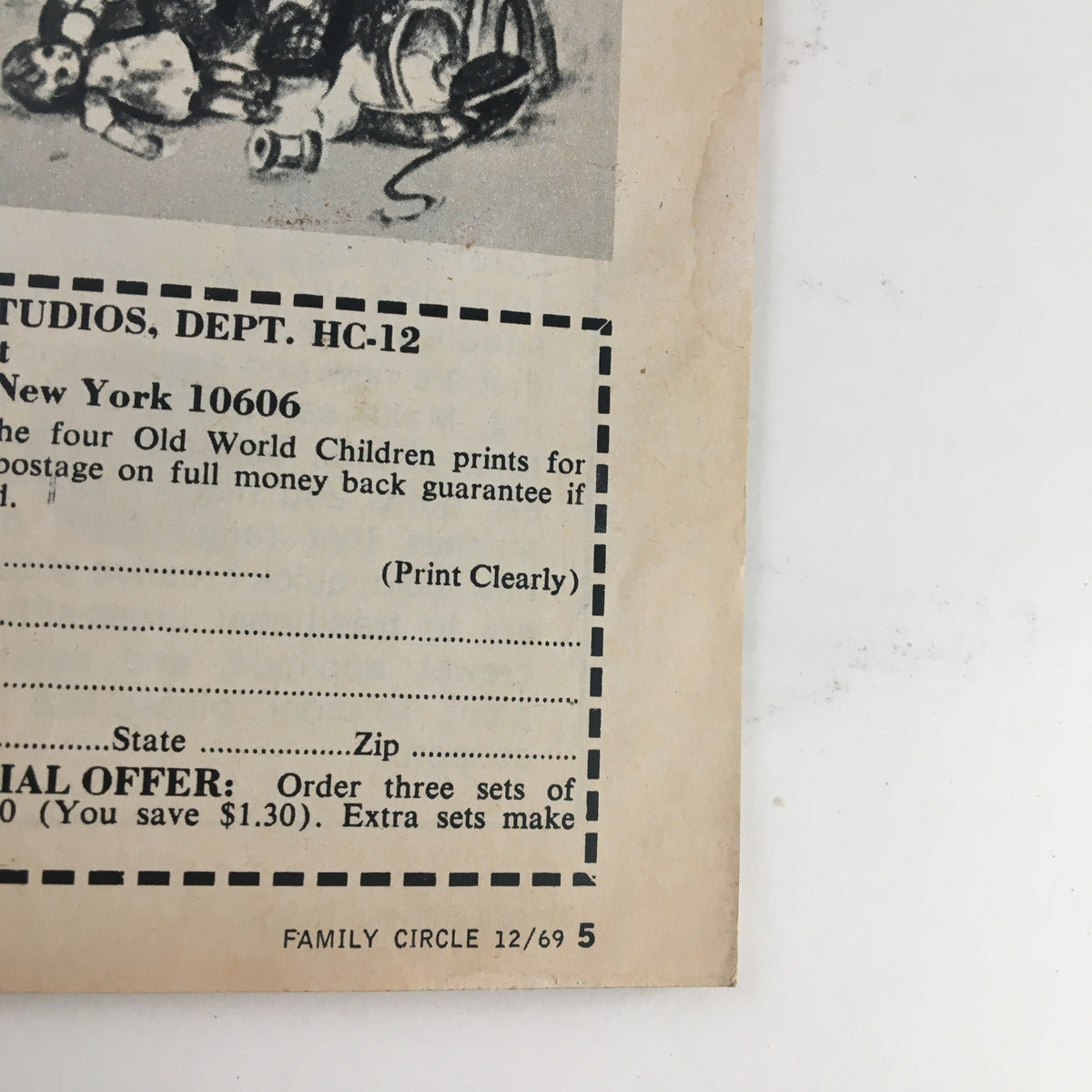 Back cover of Family Circle Magazine December 1969 displaying a special offer and details about vintage prints, highlighting the magazine's retro advertisement content.