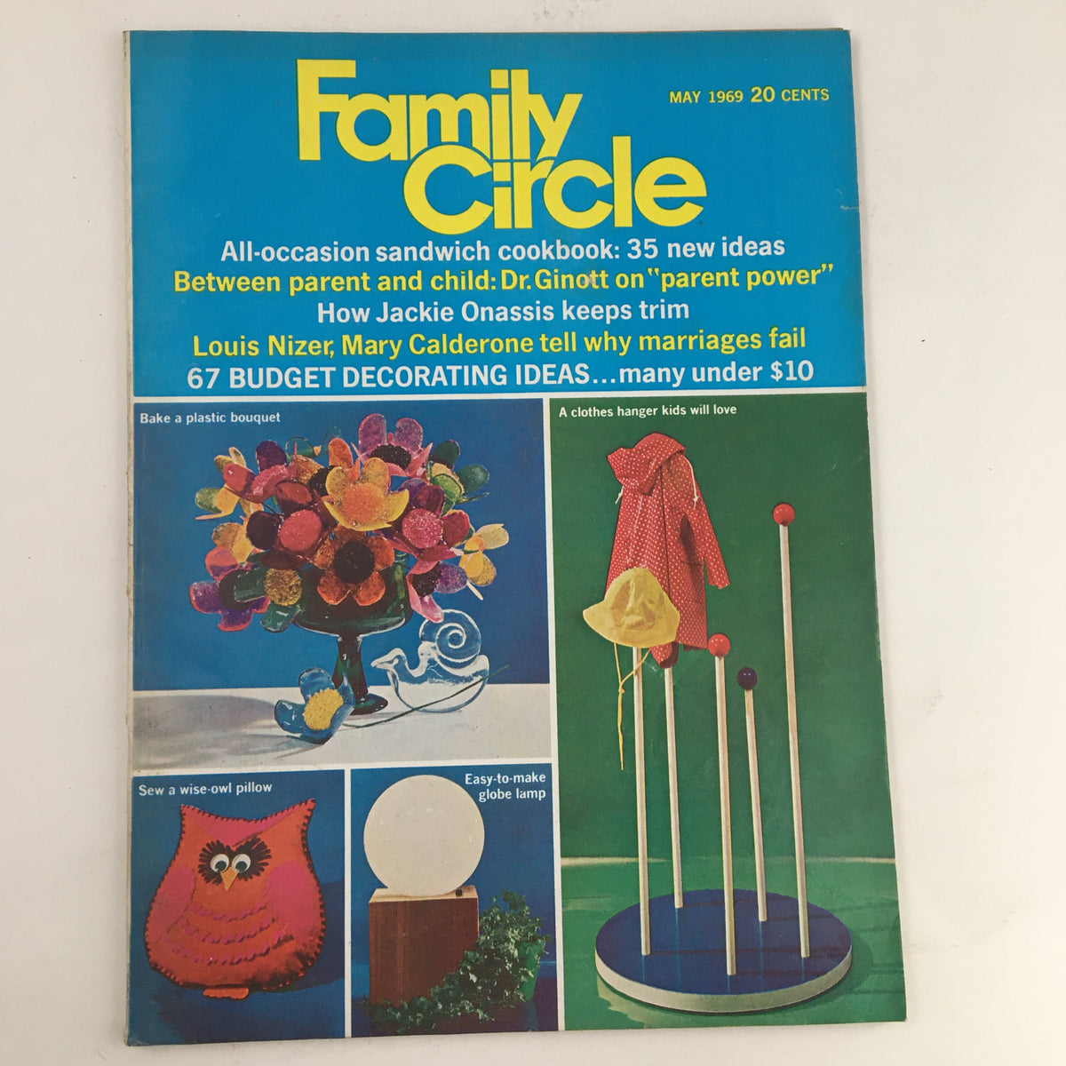 Cover of Family Circle Magazine from May 1969 featuring articles on marriage by Louis Nizer and Mary Calderone, alongside colorful decorations ideas and crafts. The magazine showcases designs such as a plastic bouquet and a wise-owl pillow.