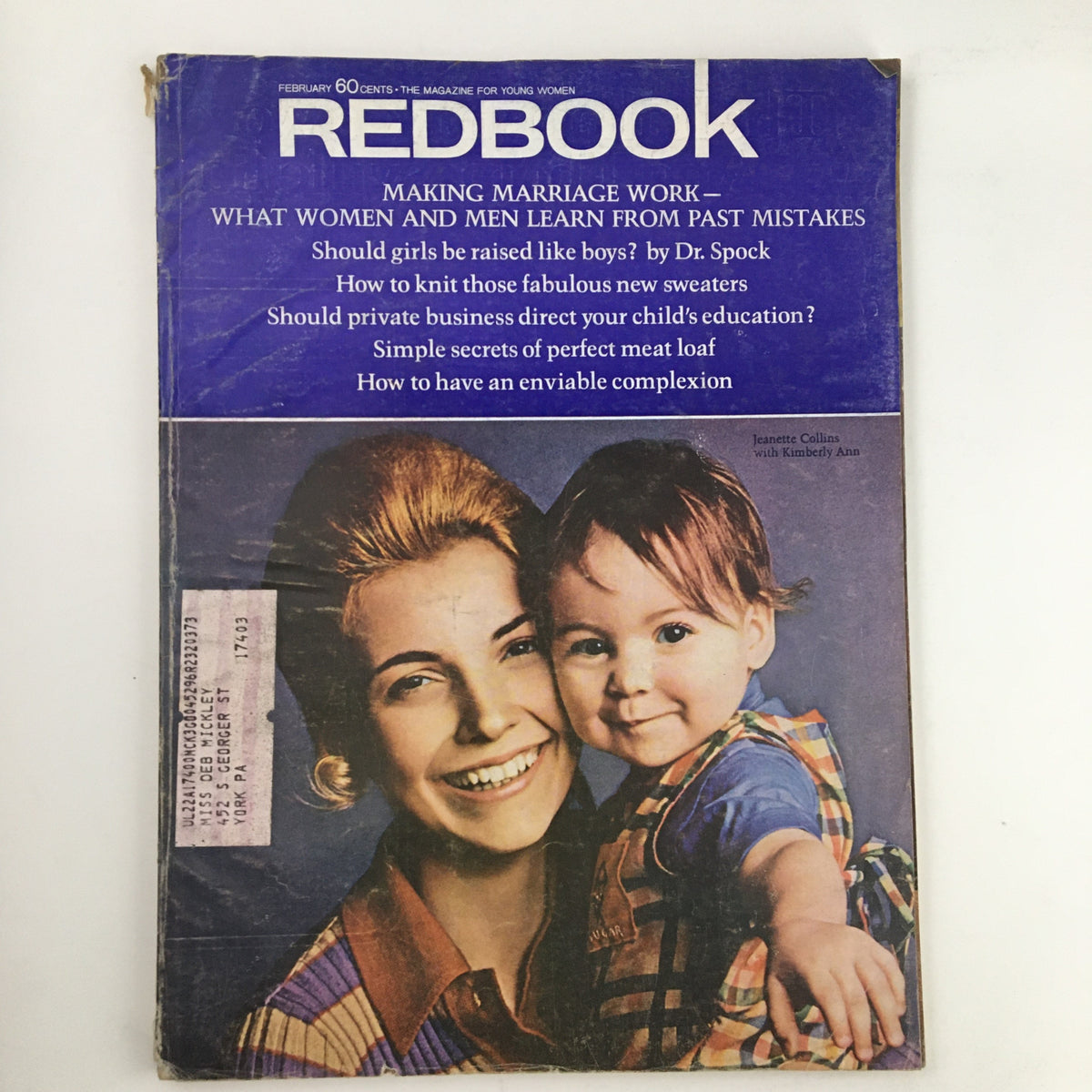 Redbook Magazine February 1972 cover featuring Jeanette Collins with Kimberly Ann, highlighting topics like marriage advice, child upbringing, and beauty secrets.