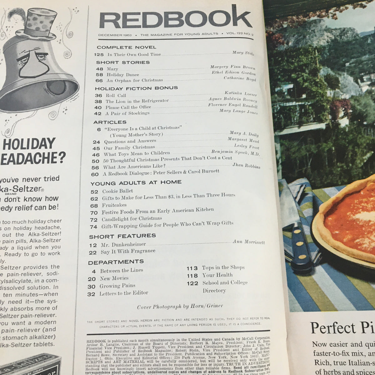 Inside contents page of Redbook Magazine December 1963. The page outlines featured stories and articles, including Robert Frost's daughter recalling a family Christmas.