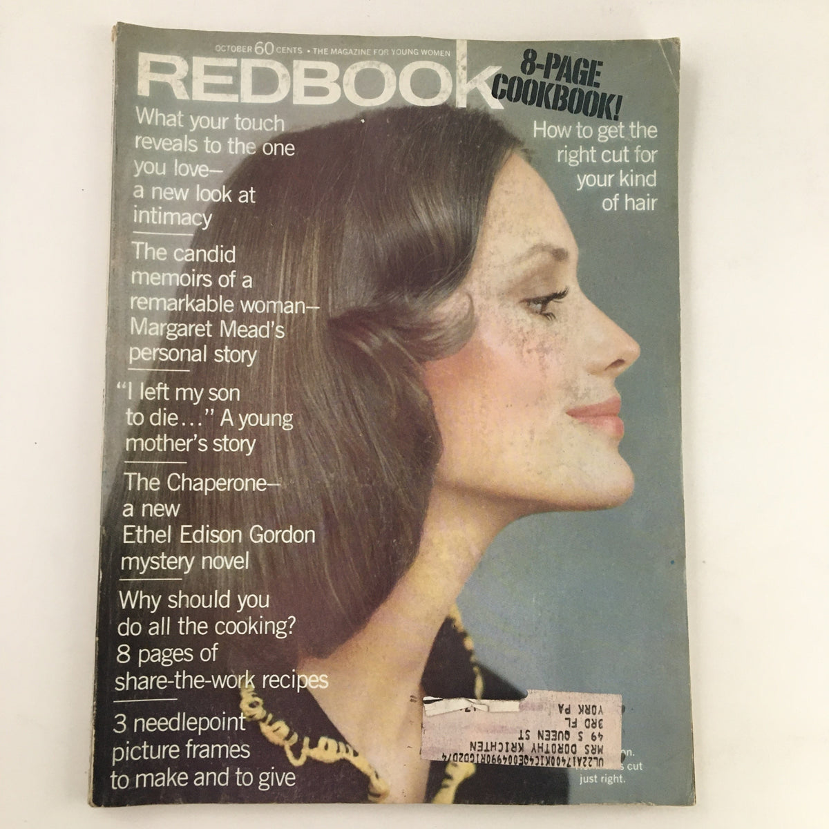 Redbook Magazine October 1972 cover featuring a woman with stylish hair and articles including 'Candid Memoirs of Margaret Mead's Personal Story.'