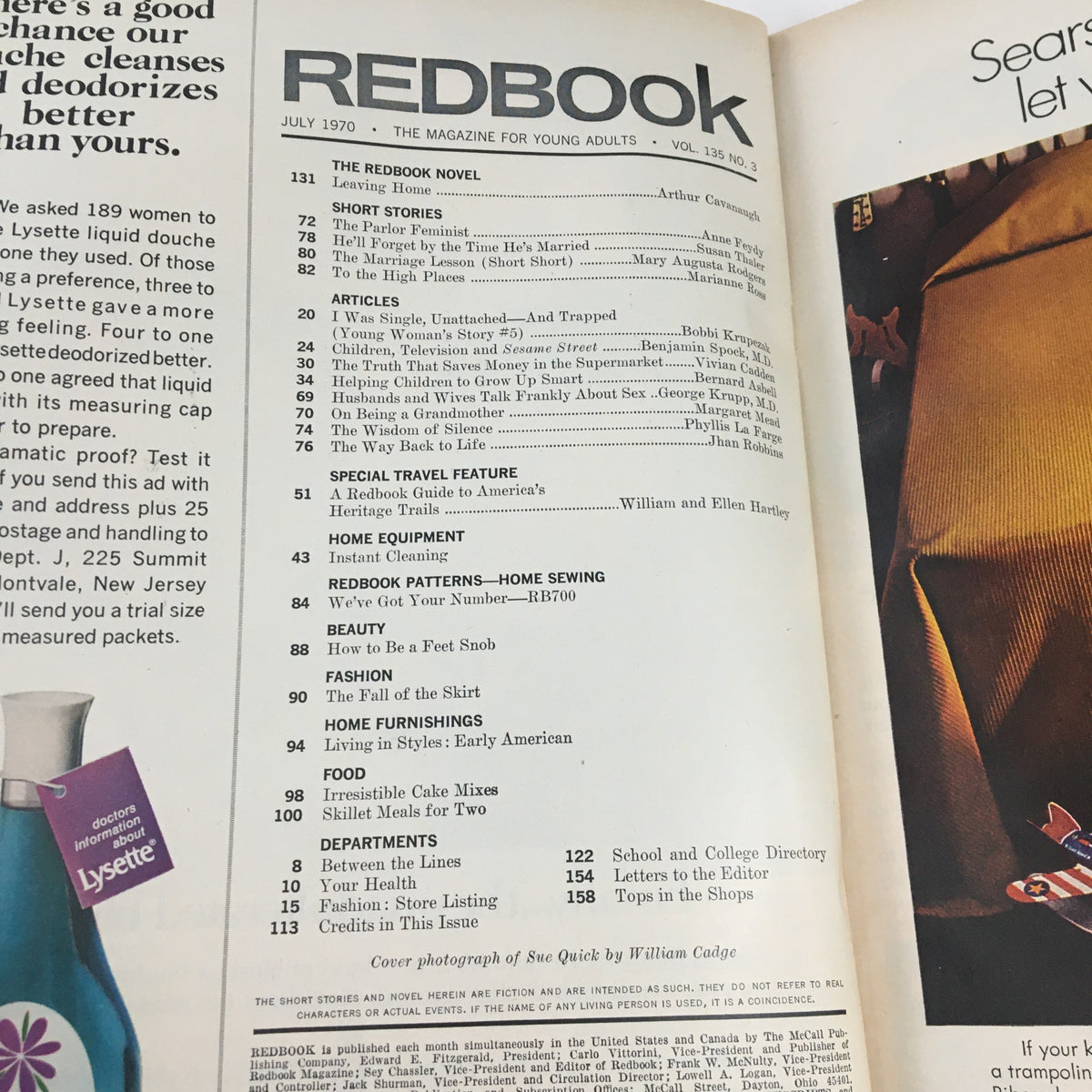 Redbook Magazine July 1970 Cover Photograph of Sue Quick by William Cadge showcasing the magazine layout and contents on the left, featuring articles, short stories, and a travel feature.