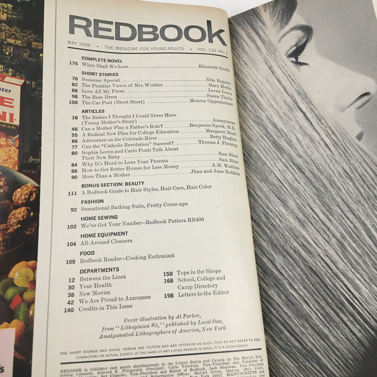 Interior page of Redbook Magazine May 1969, Volume 133 No. 1, detailing the table of contents with articles such as 'When Shall We Love' and 'The Peculiar Vision of Mrs. Winkler'.