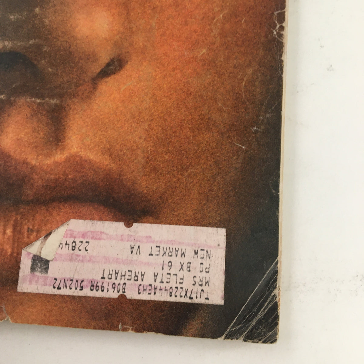 detail of Redbook Magazine March 1969 cover, highlighting the address label and texture of the worn cover featuring Scotia McRae, photographed by William Cadge.