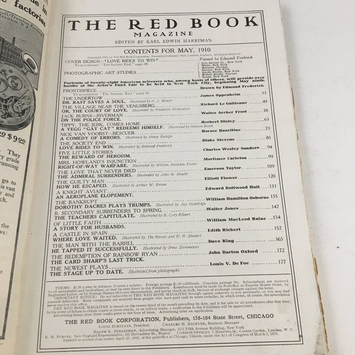 Contents page of The Redbook Magazine May 1910 detailing articles and contributors.