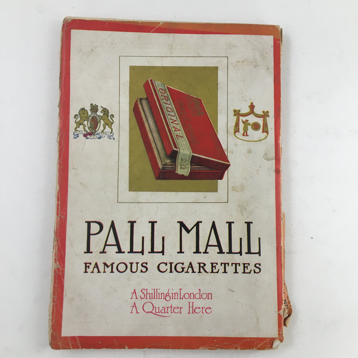 Vintage advertisement for Pall Mall Famous Cigarettes from The Redbook Magazine May 1910, showcasing the original packaging design.