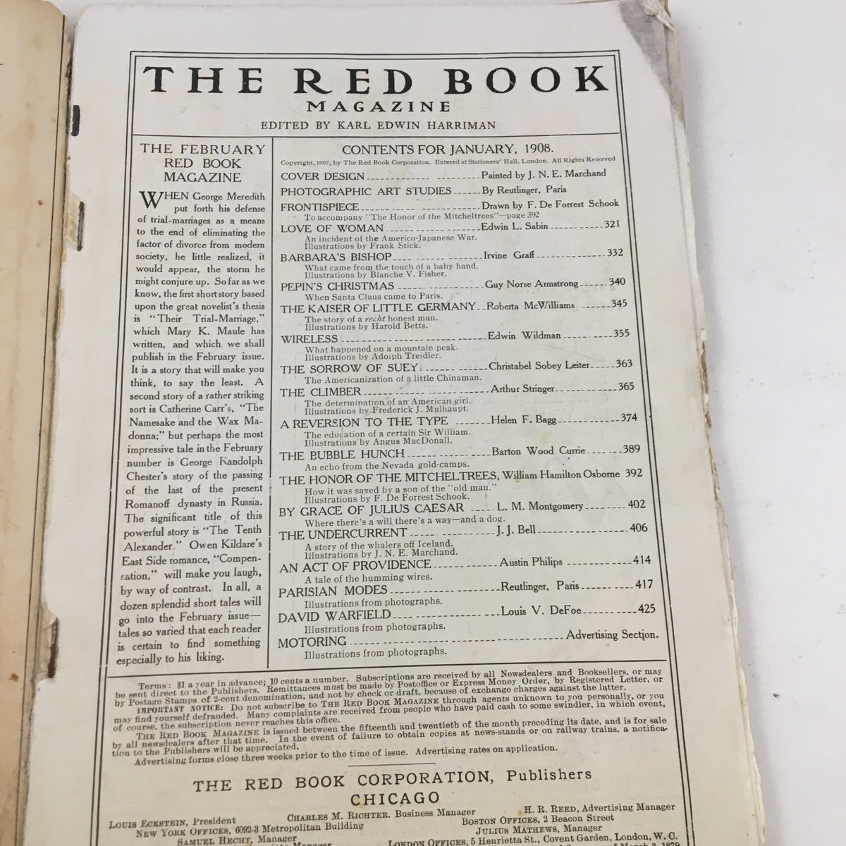 Contents page of The Redbook Magazine January 1908 listing articles including 'Love of Woman' by Edwin L. Sabin.