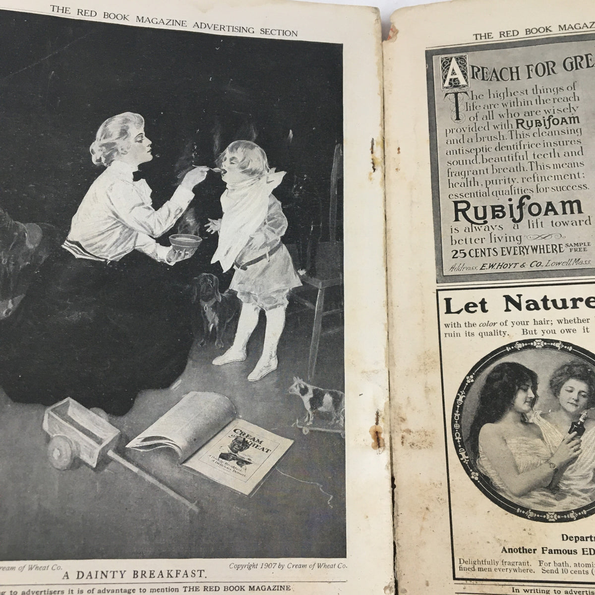 The Redbook Magazine January 1908 advertising section featuring an image of a woman and child with an advertisement for Rubifoam, demonstrating vintage marketing trends.