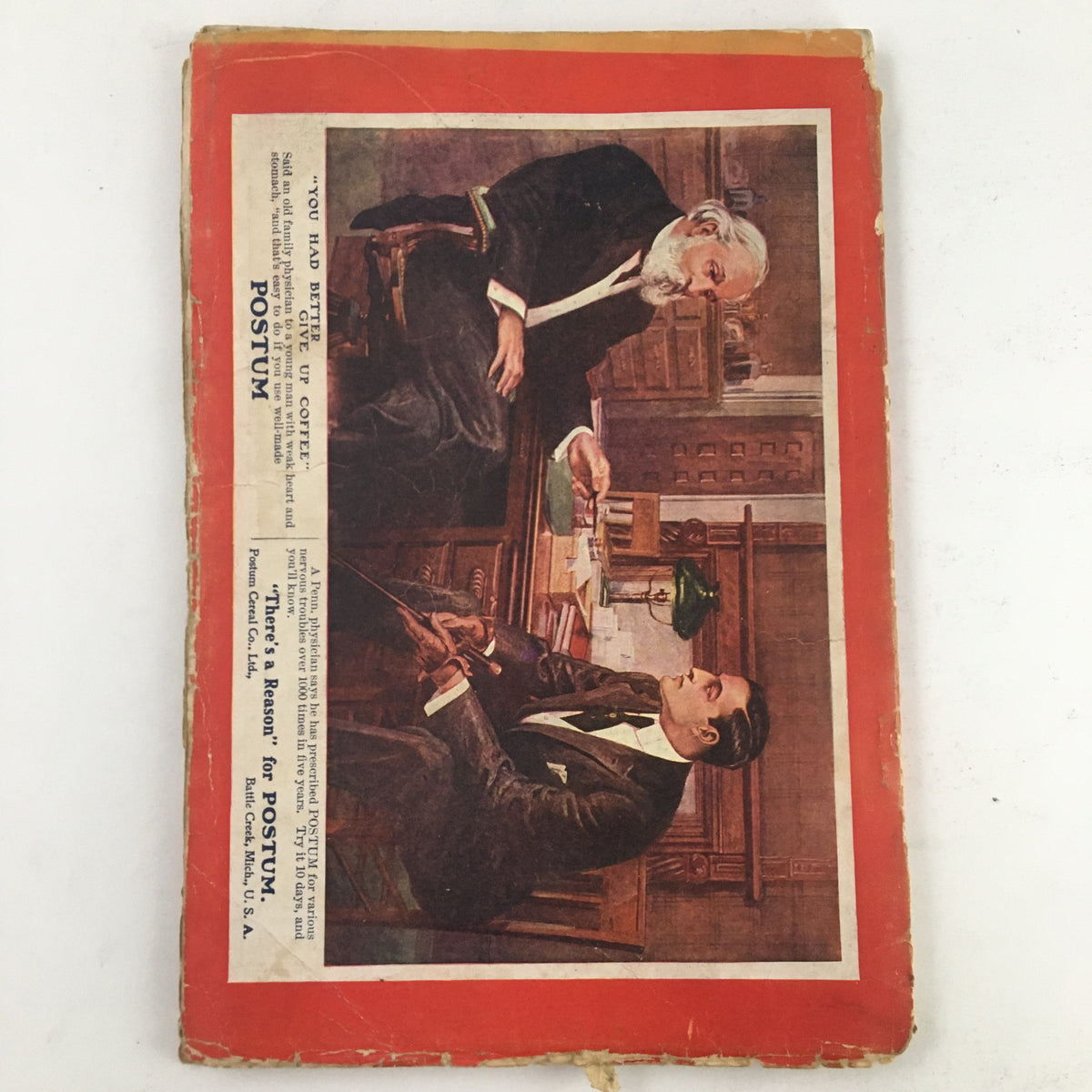 The cover of The Redbook Magazine January 1908, showing a colorful illustration of two men in conversation and a Postum advertisement, reflecting historical advertising styles.