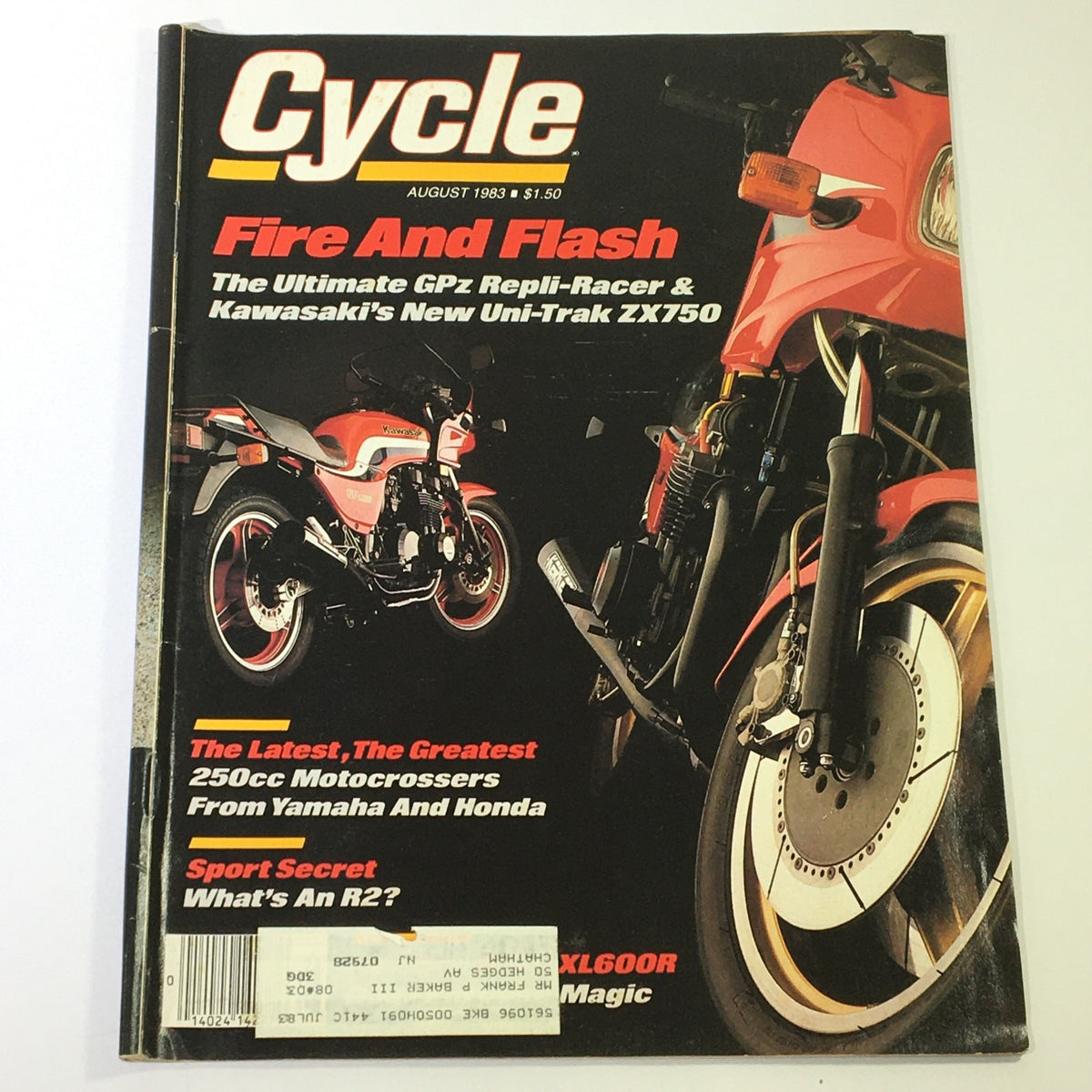 Vintage Cycle Magazine, August 1983 edition, featuring the GPz Repli-Racer and Kawasaki Uni-Trak ZX750 on the cover. Essential for motorcycle collectors and enthusiasts.