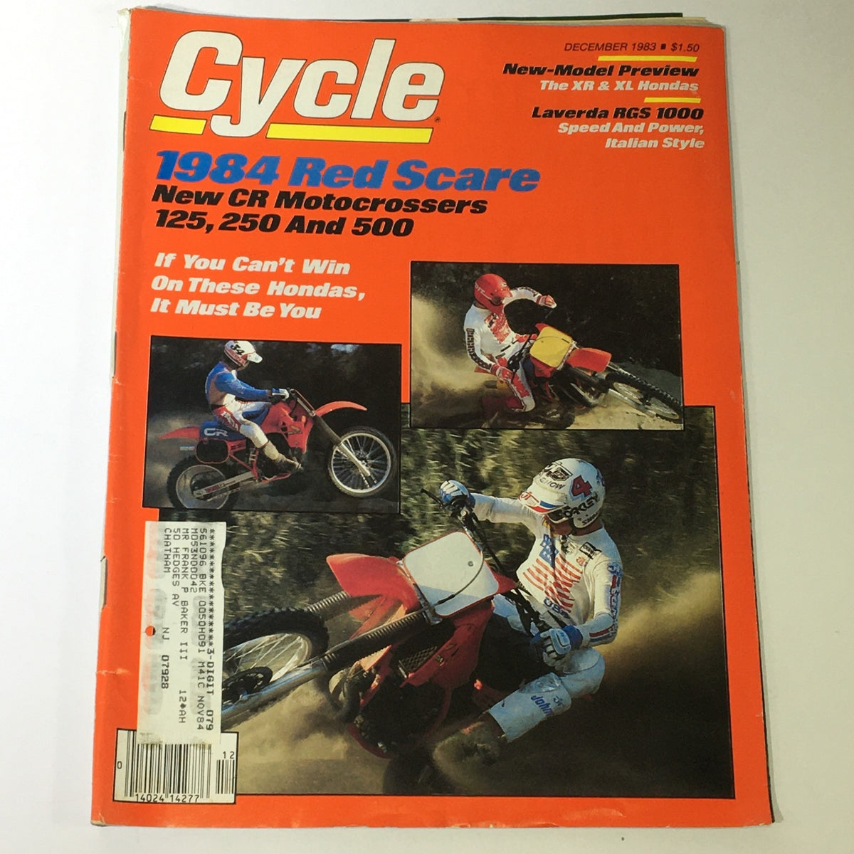 Cycle Magazine December 1983 cover featuring the Red Scare CR Motocrossers for 125, 250, and 500 classes, showcasing motocross racing action and iconic bikes from the era.