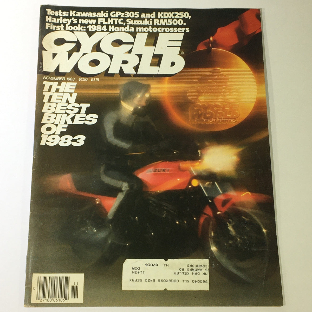 Cover of VTG Cycle World Magazine November 1983 featuring the headline 'The Ten Best Bikes of 1983' and images of motorcycles including the Kawasaki GPz305 and KDX250 along with a Harley FLHTC, showcasing 1980s motorcycle culture.