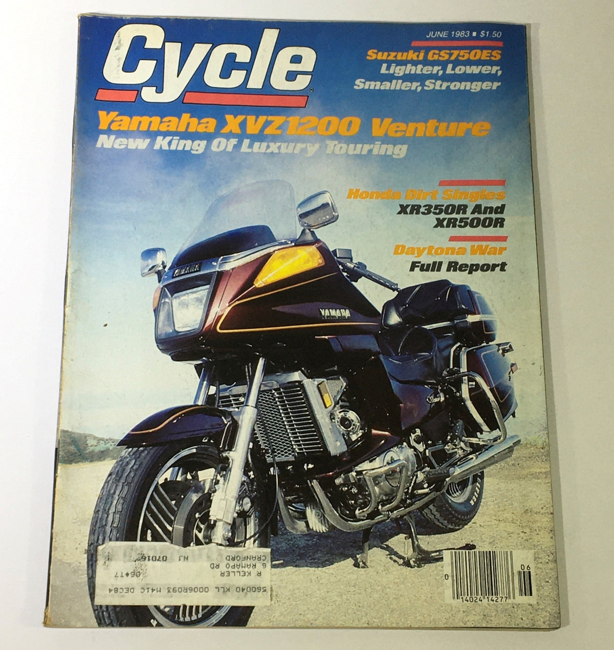 Cover of the VTG Cycle Magazine June 1983 featuring the Yamaha XVZ1200 Venture, Honda XR350R, and XR500R. Highlights include New King of Luxury Touring and Daytona War full report.