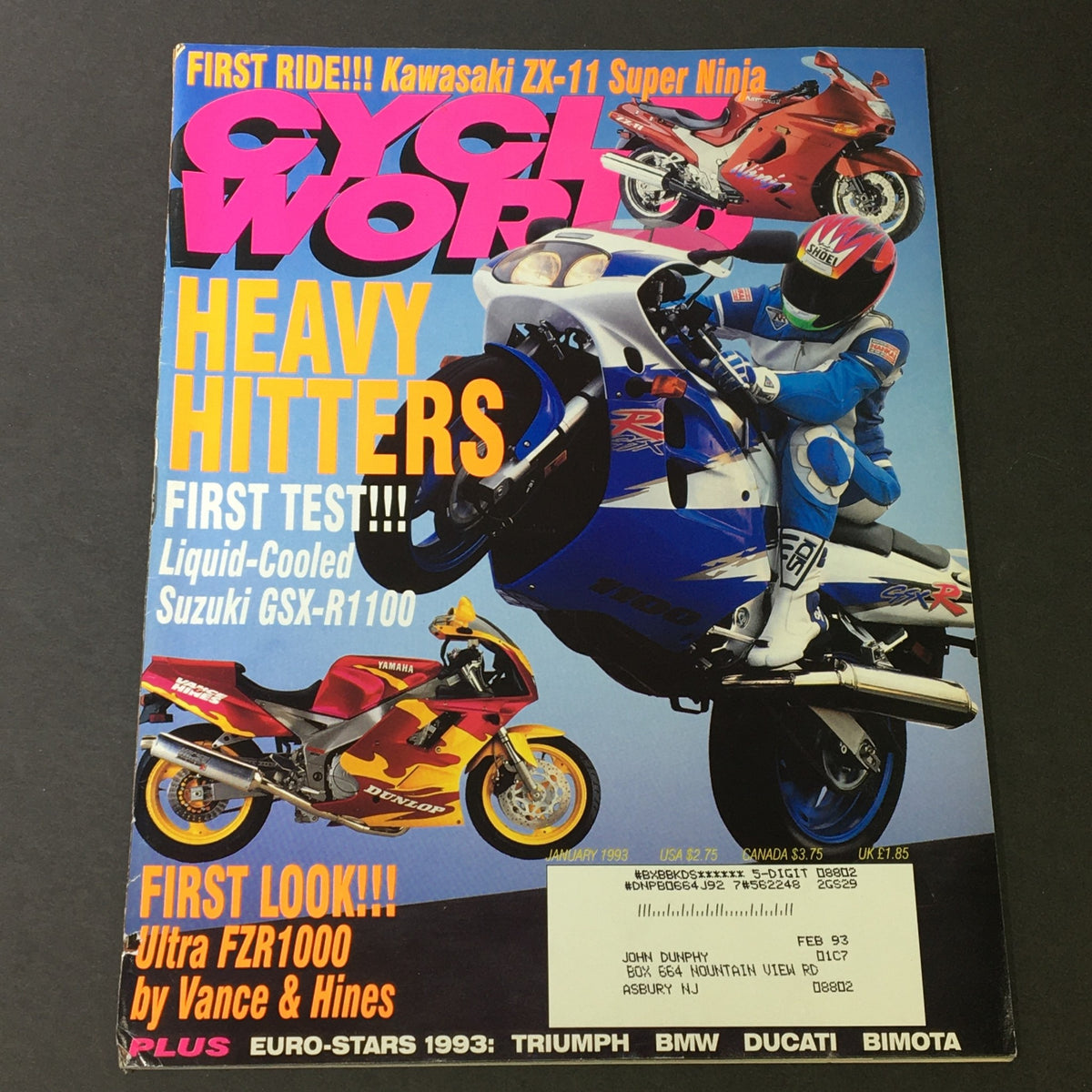 Cover of Cycle World Magazine June 1993 featuring a Suzuki GSX-R1100 and Kawasaki ZX-11 Super Ninja, highlighting motorcycle reviews and features, with vivid graphics and detailed images of the bikes.