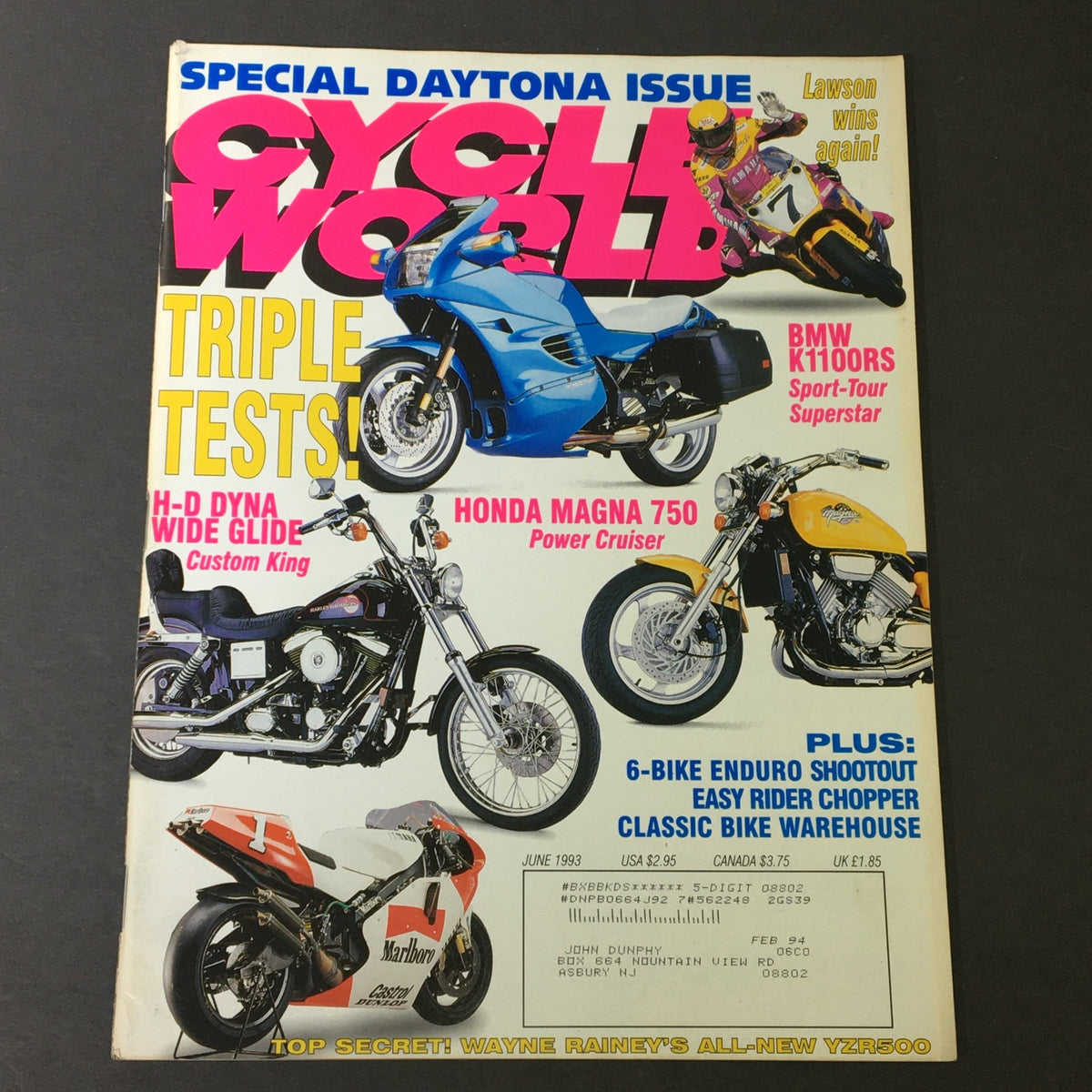 Cycle World Magazine June 1993 cover featuring H-D Dyna Wide Glide, Honda Magna 750, and BMW K1100RS, showcasing motorcycle culture and performance insights.