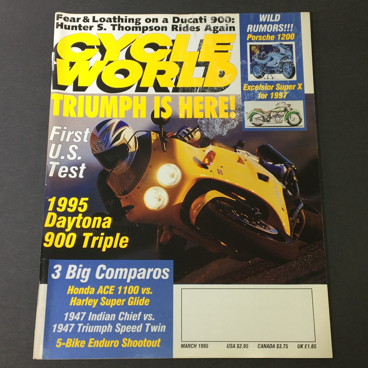 Cover of Cycle World Magazine March 1995 featuring Triumph's introduction, highlights including the 1995 Daytona 900 Triple, and articles about Porsche 1200 and Super X 97.