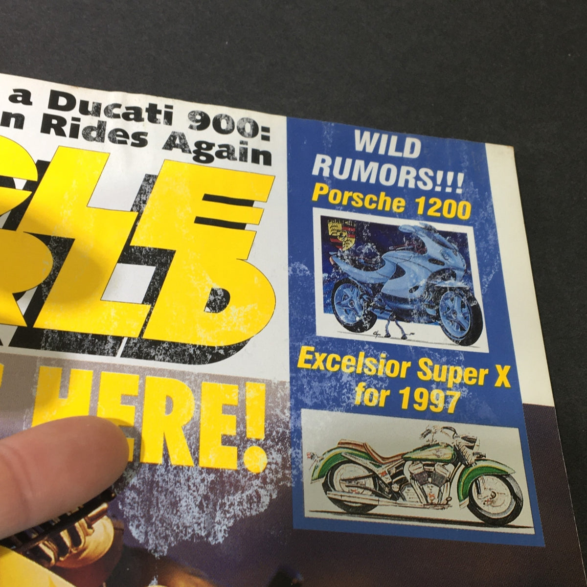 Close-up of Cycle World Magazine March 1995 cover, showcasing the 'WILD RUMORS!!!' section discussing Porsche 1200 and Excelsior Super X for 1997.