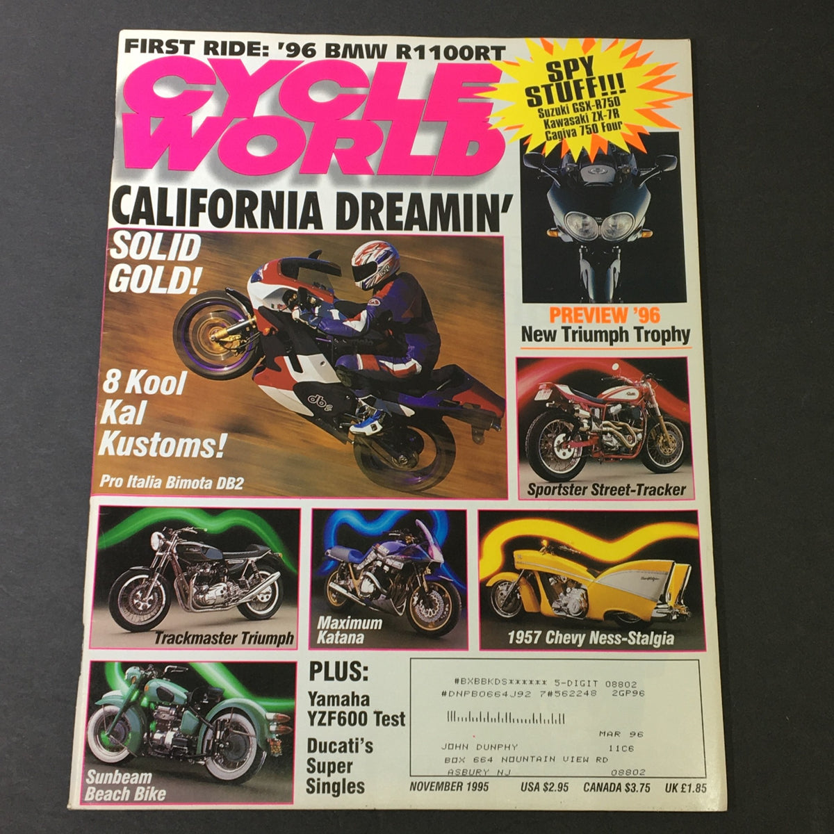 Cover of Cycle World Magazine November 1995 featuring Pro Italia Bimota DB2 and Trackmaster Triumph, showcasing motorcycle culture and performance innovations.