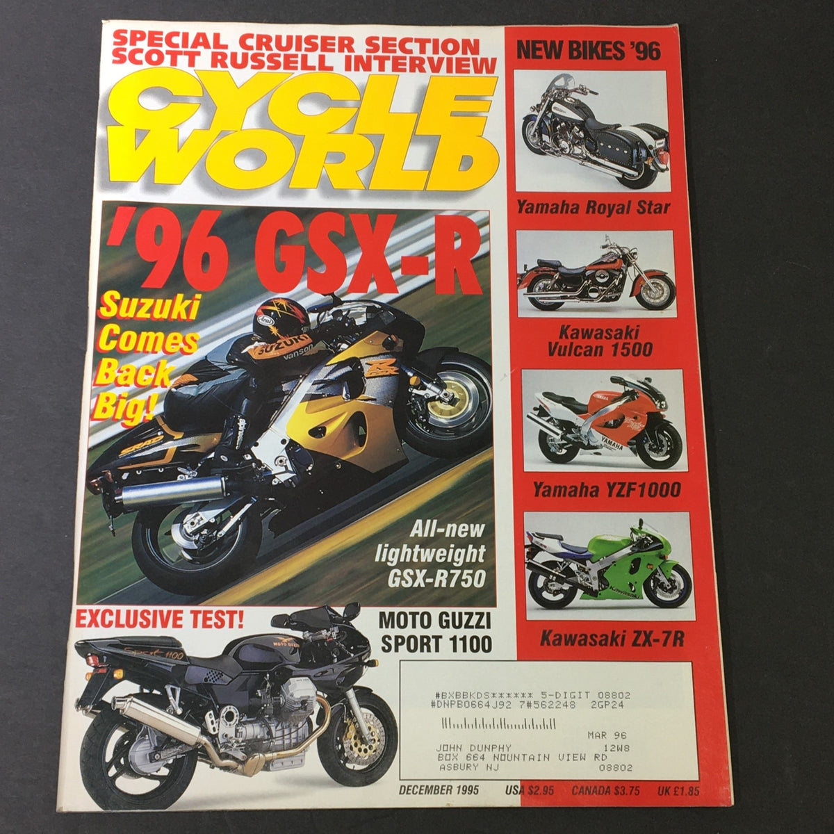 Cycle World Magazine December 1995 featuring Yamaha Royal Star and Kawasaki Vulcan 1500, showcasing iconic motorcycles and vintage designs from the mid-90s.