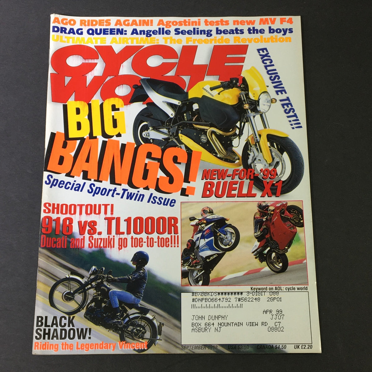 Cover of Cycle World Magazine September 1988 featuring the Buell X1 and a matchup between Ducati 916 and Suzuki TL1000R, showcasing motorcycle culture and vintage design.