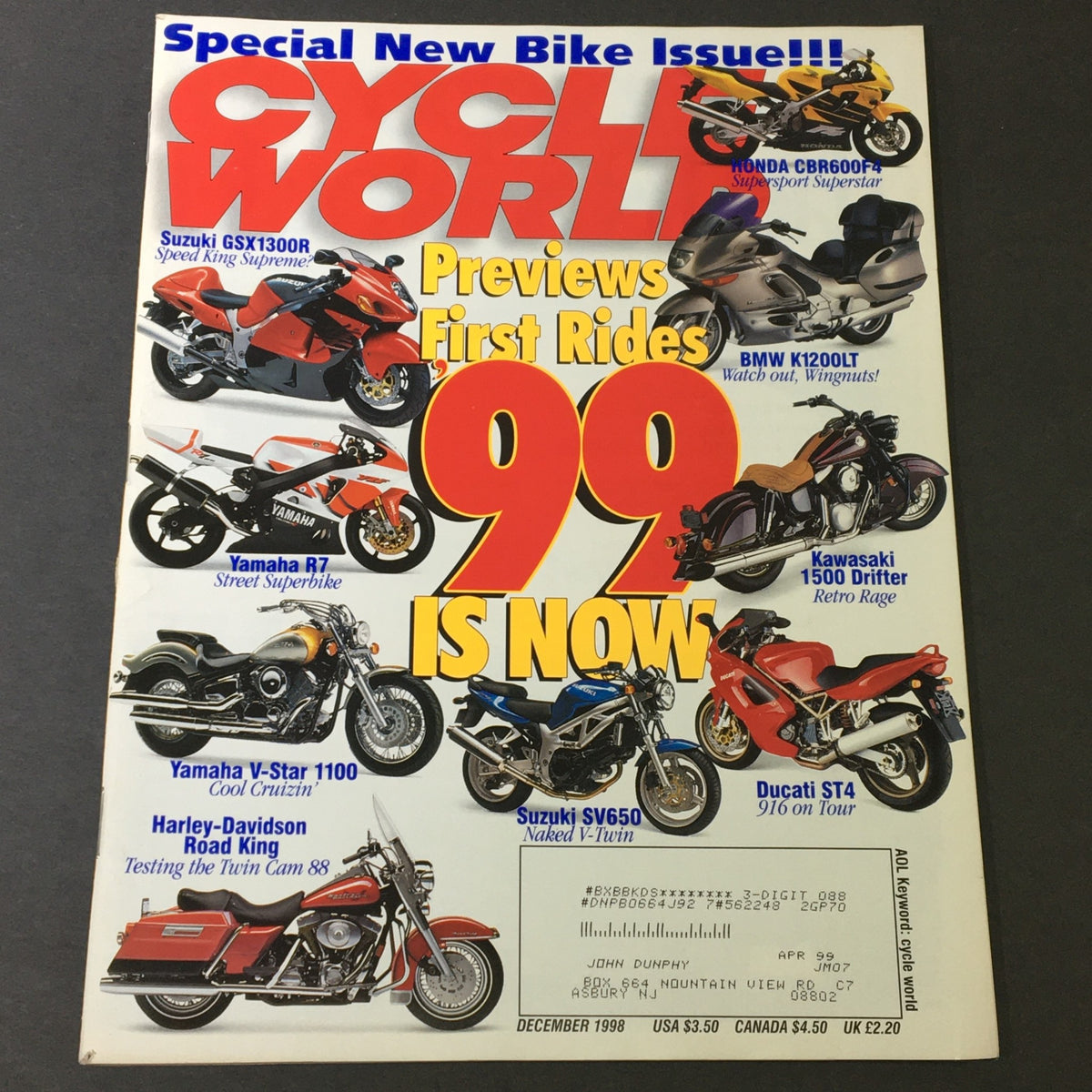 Cover of Cycle World Magazine December 1998 featuring the Suzuki GSX1300R and Honda CBR600F4, showcasing various motorcycle models including the Yamaha R7, Yamaha V-Star 1100, Harley-Davidson Road King, Suzuki SV650, and Ducati ST4 with a vibrant design and headlines about new bike previews.