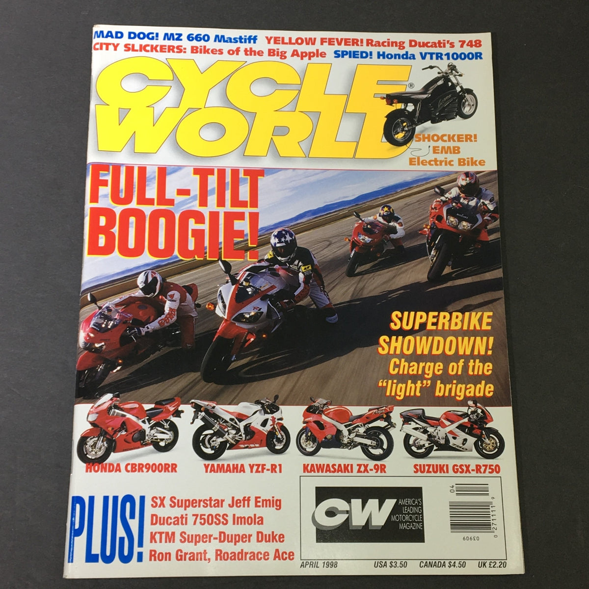 Cover of Cycle World Magazine April 1998 featuring Honda VTR1000R, Honda CBR900RR, Yamaha YZF-R1, and a feature on superbikes with the title 'FULL-TILT BOOGIE!'.