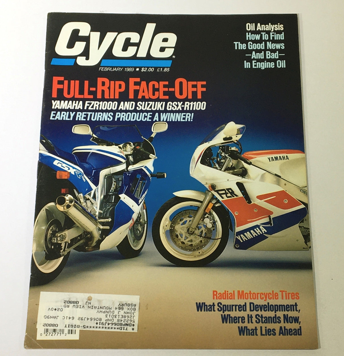 Cover of VTG Cycle Magazine February 1989 featuring a full-rip face-off comparison of the Yamaha FZR1000 and Suzuki GSX-R1100, highlighting their iconic designs and motorcycle culture of the late 80s.